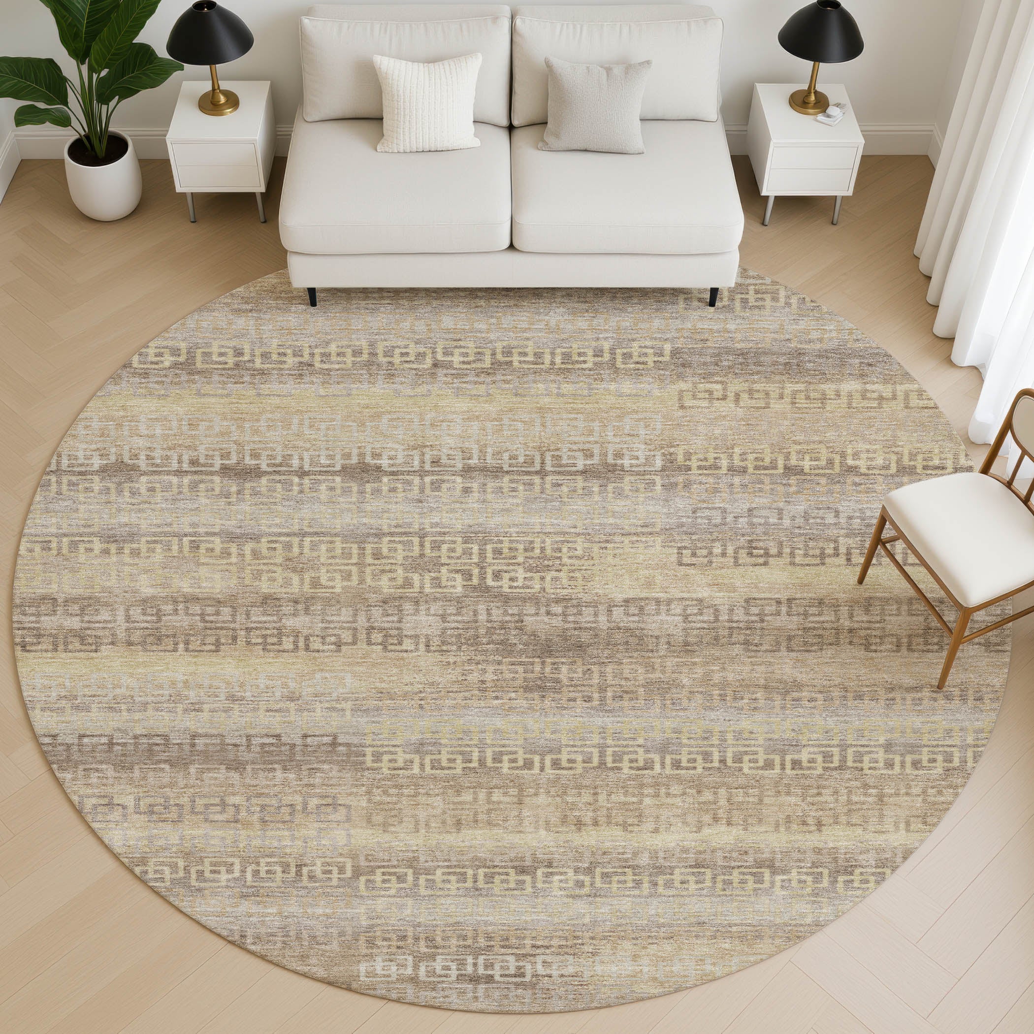 Valletta Machine Washable Transitional Beige Brown Rug 8' x 8' #shape_Round