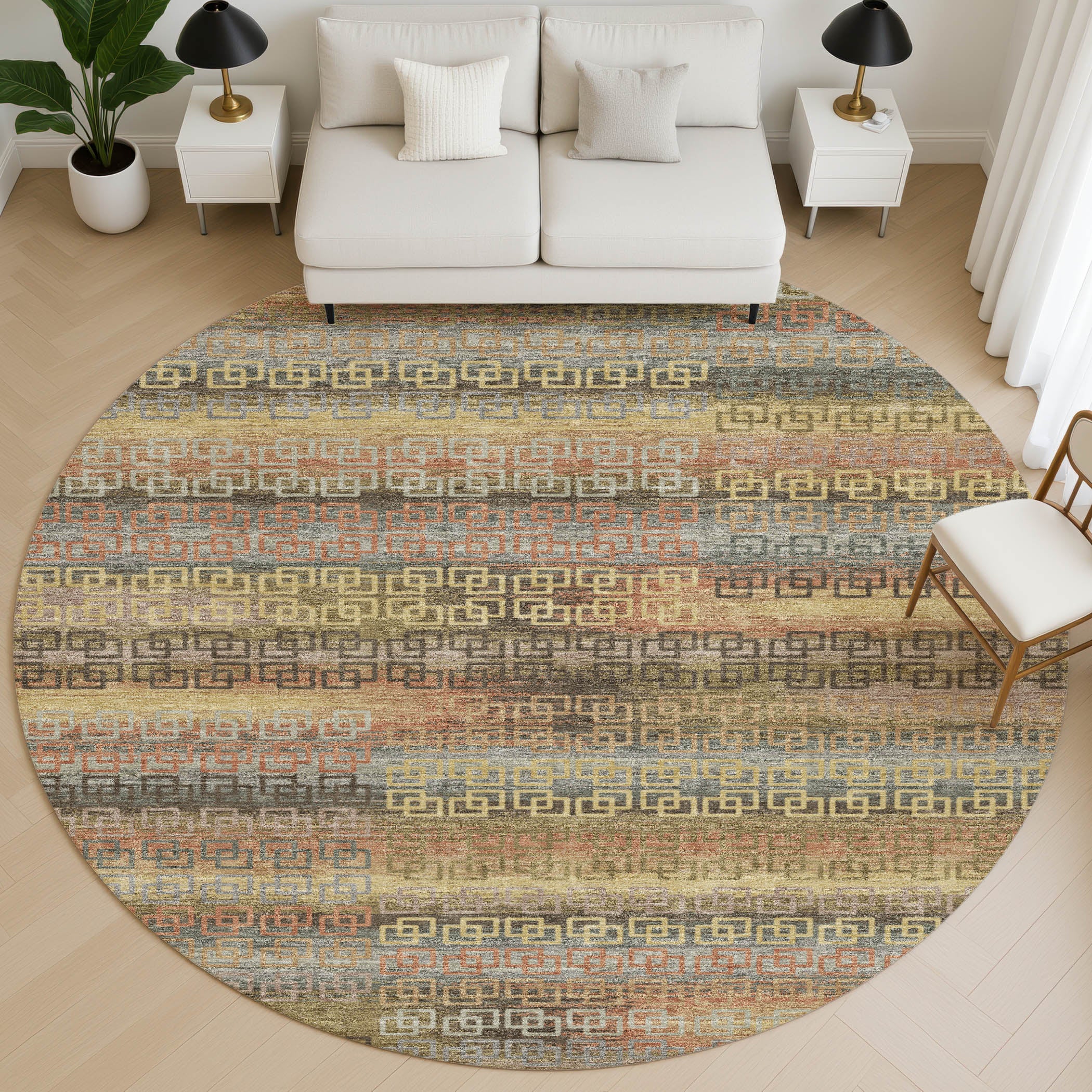 Valletta Machine Washable Transitional Brown Rug 8' x 8' #shape_Round