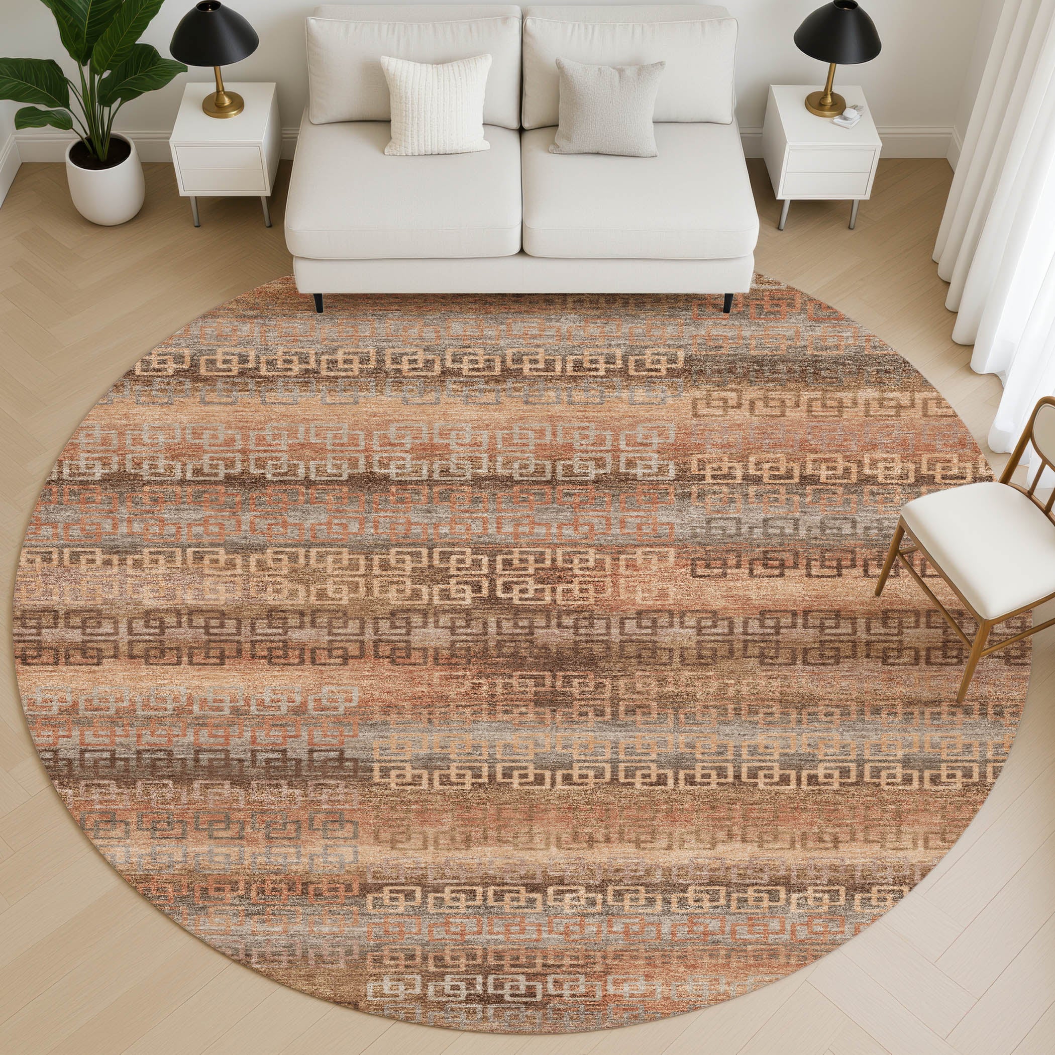 Valletta Machine Washable Transitional Copper Orange Rug 8' x 8' #shape_Round
