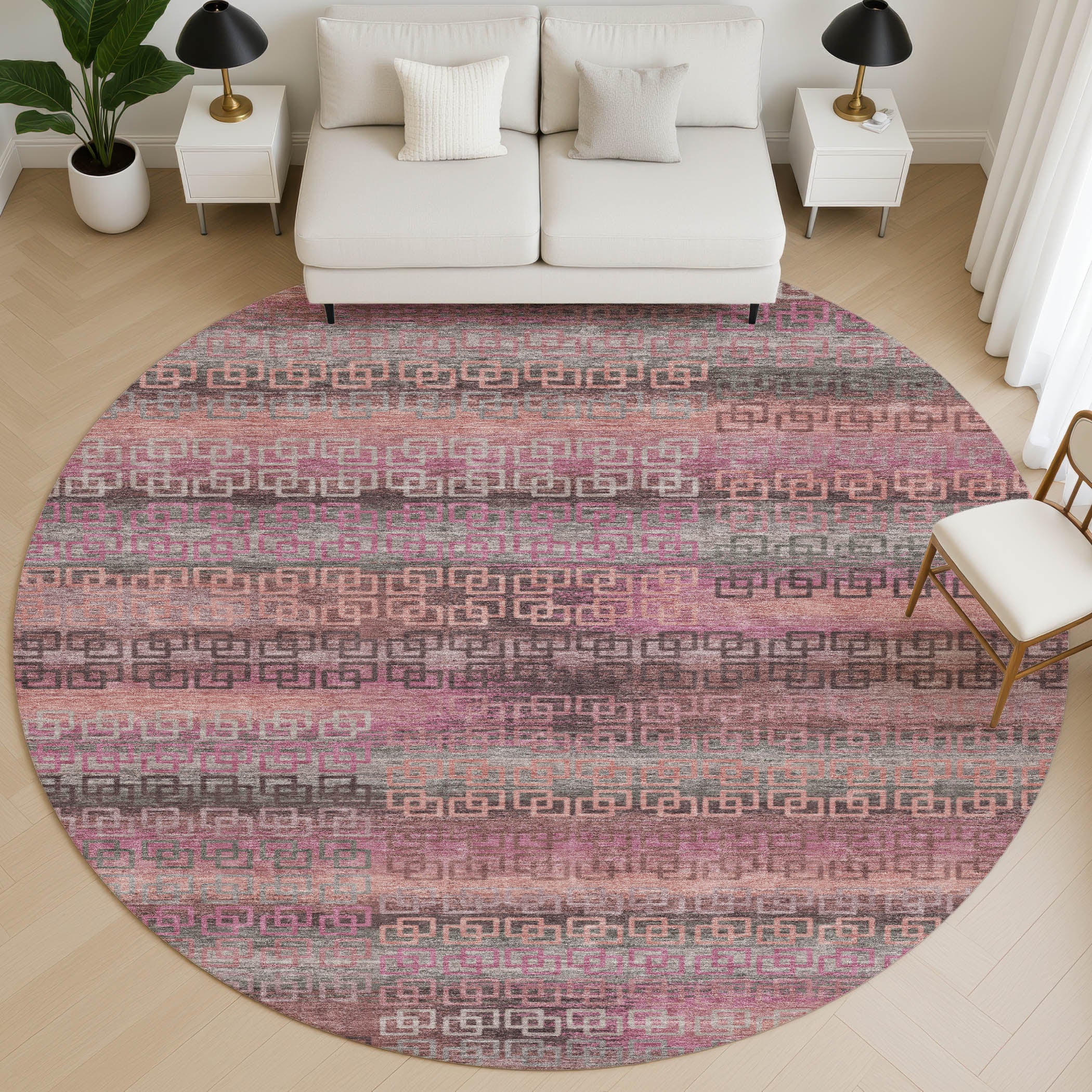 Valletta Machine Washable Transitional Pink Rug 8' x 8' #shape_Round