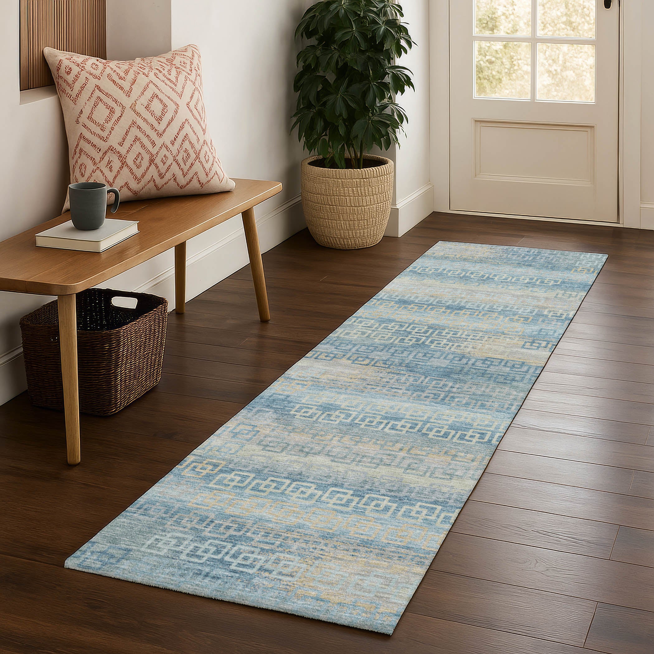 Valletta Machine Washable Transitional Teal Rug 2'3" x 7'6" #shape_Runner