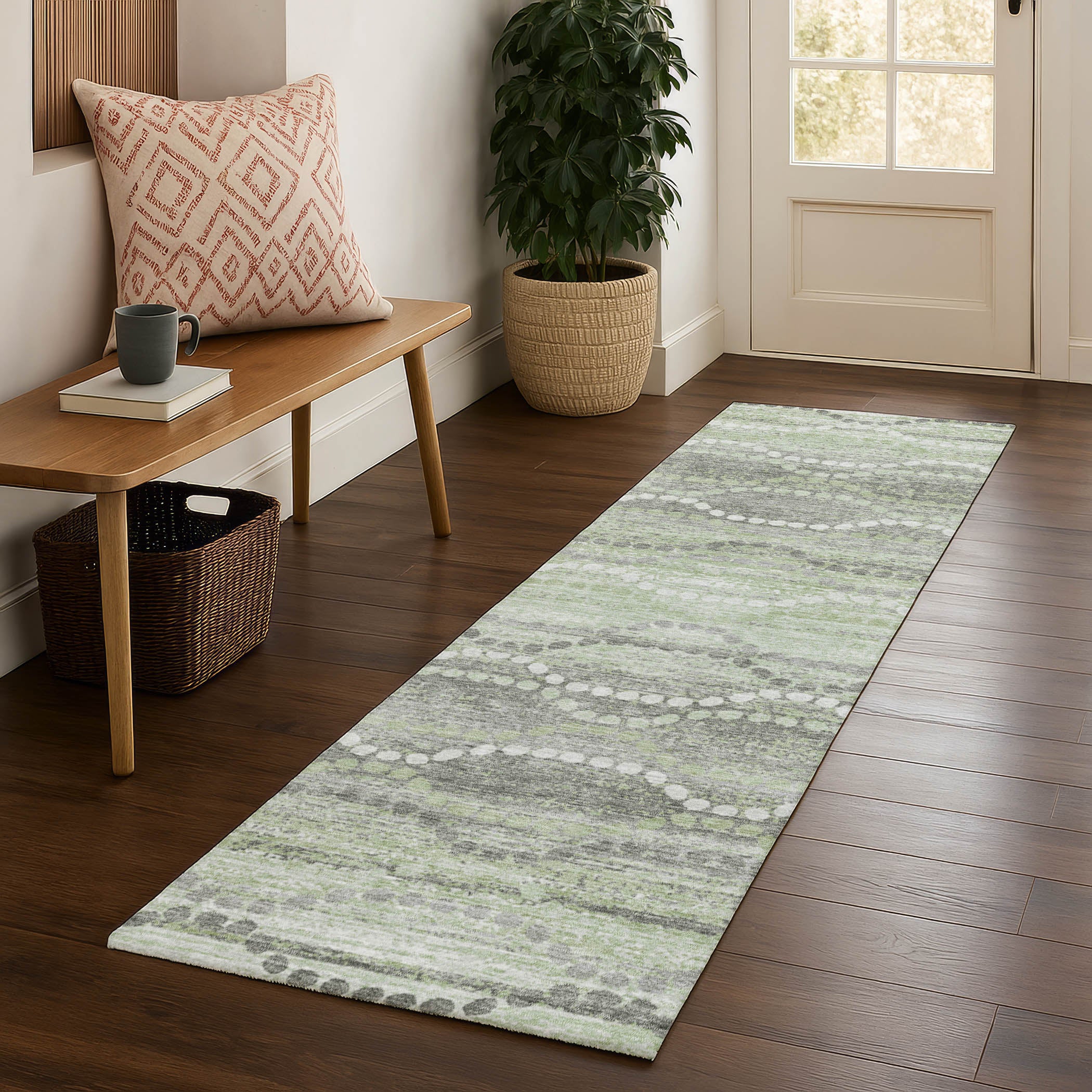 Queenstown Machine Washable Transitional Green Rug 2'3" x 7'6" #shape_Runner