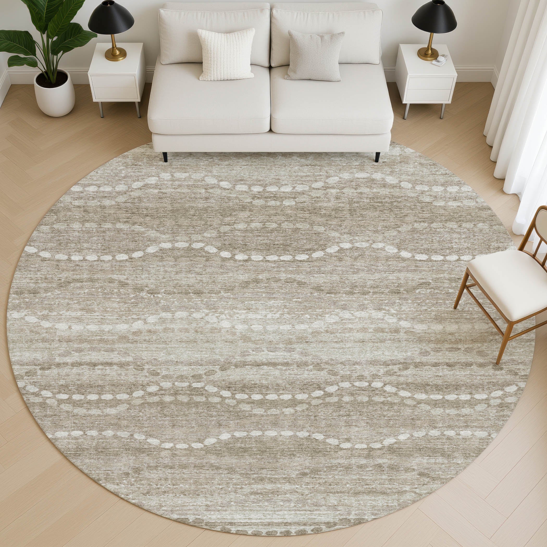 Queenstown Machine Washable Transitional Khaki Brown Rug 8' x 8' #shape_Round
