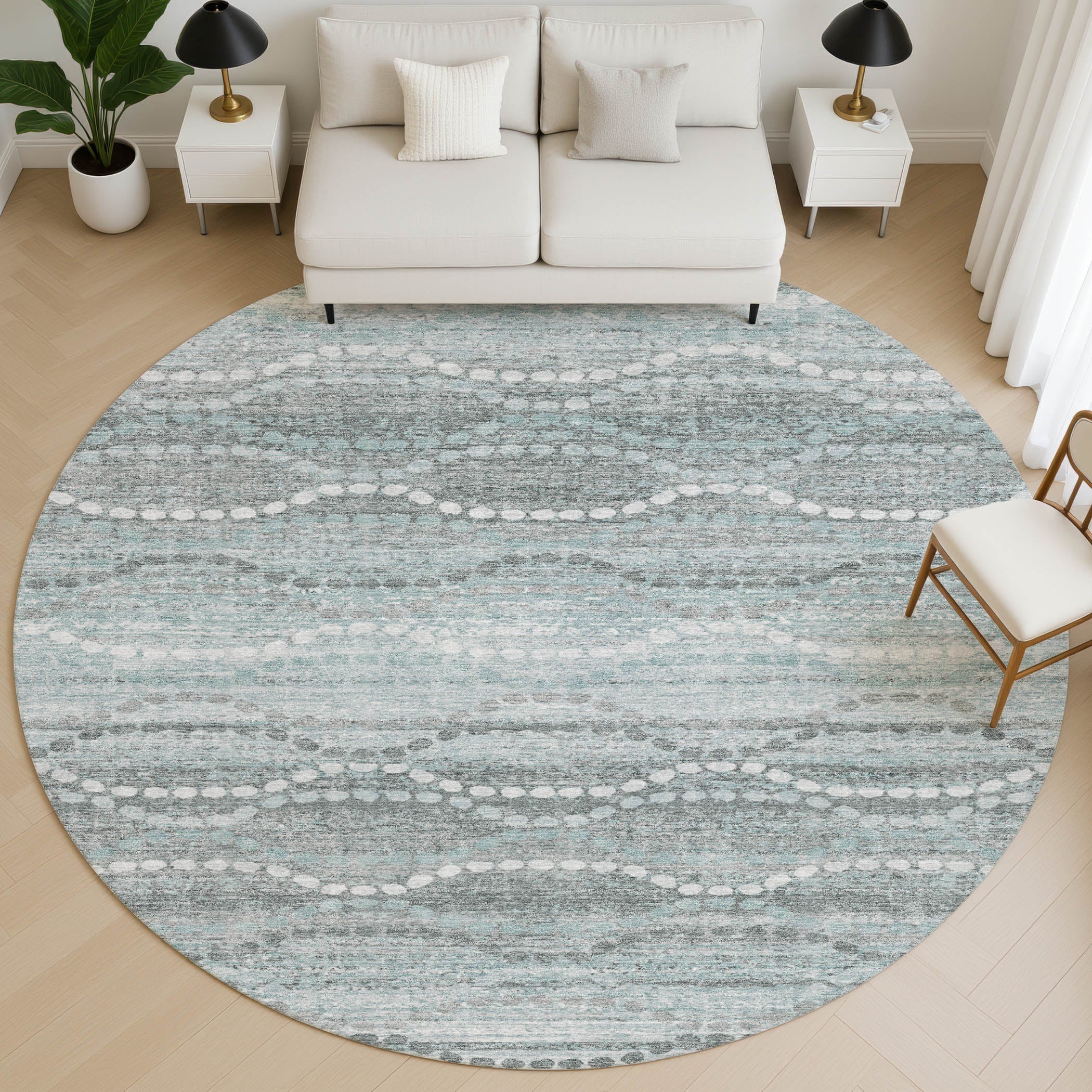 Queenstown Machine Washable Transitional Teal Rug 8' x 8' #shape_Round