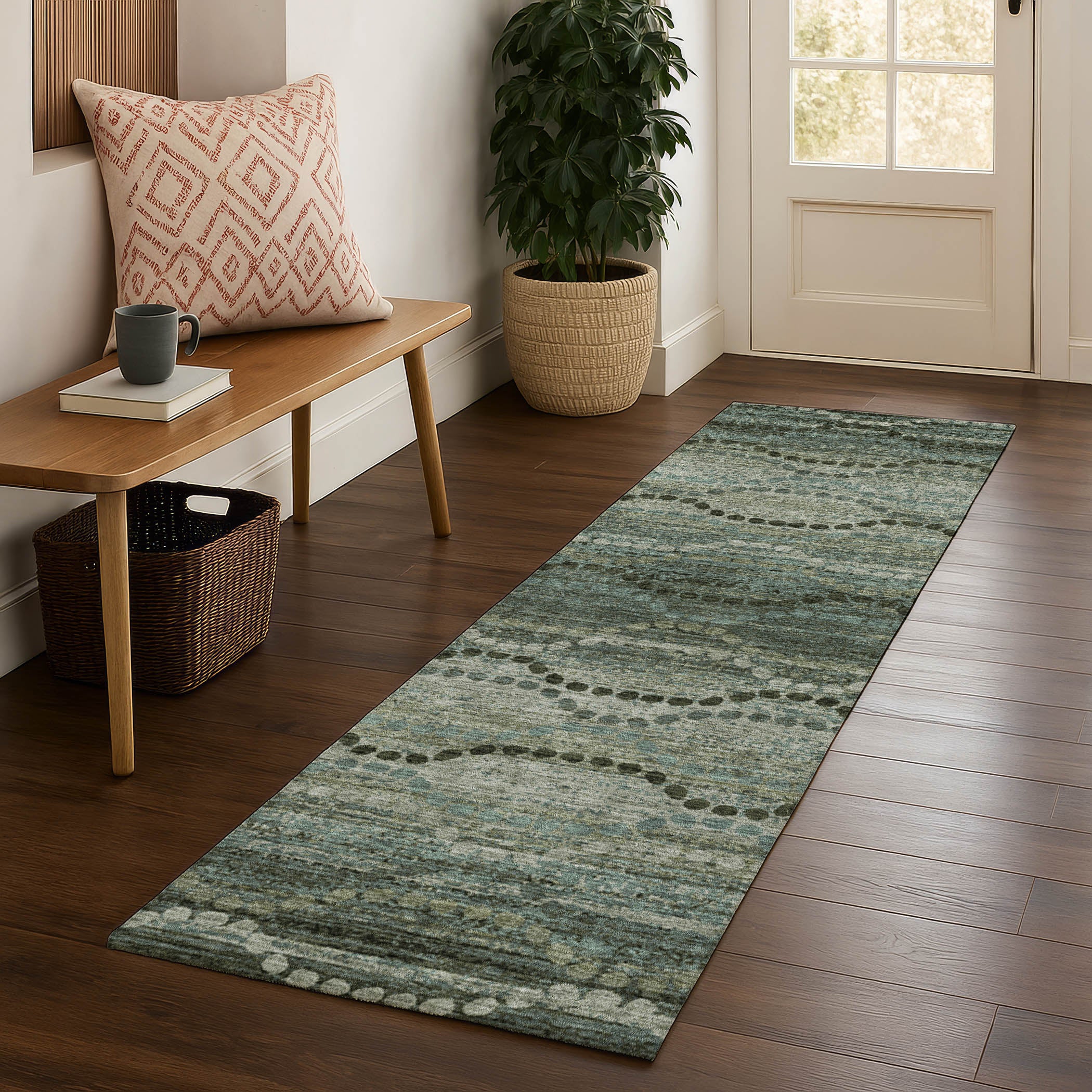 Athens Machine Washable Transitional Aloe Green Rug 2'3" x 7'6" #shape_Runner