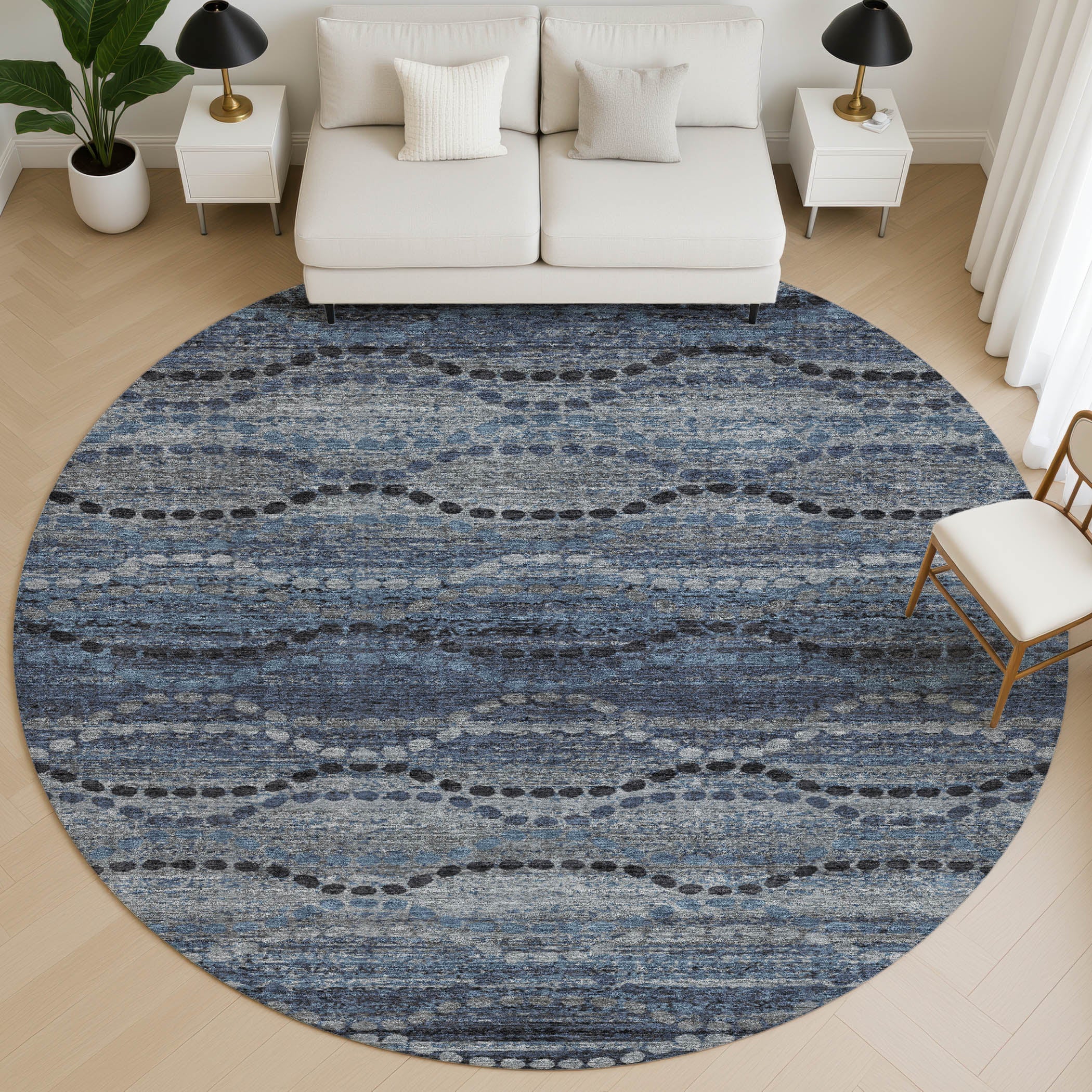 Athens Machine Washable Transitional Navy Blue Rug 8' x 8' #shape_Round
