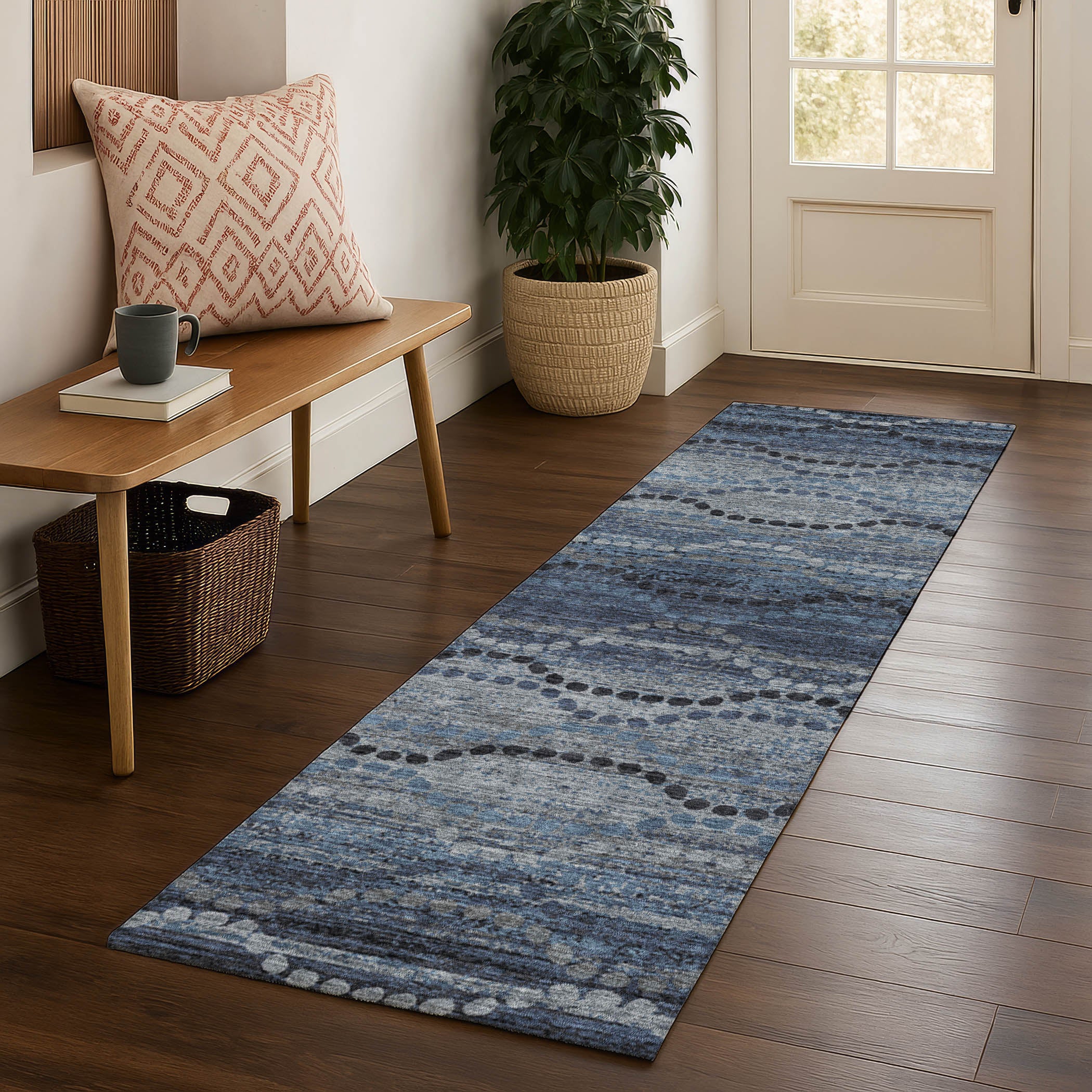 Athens Machine Washable Transitional Navy Blue Rug 2'3" x 7'6" #shape_Runner