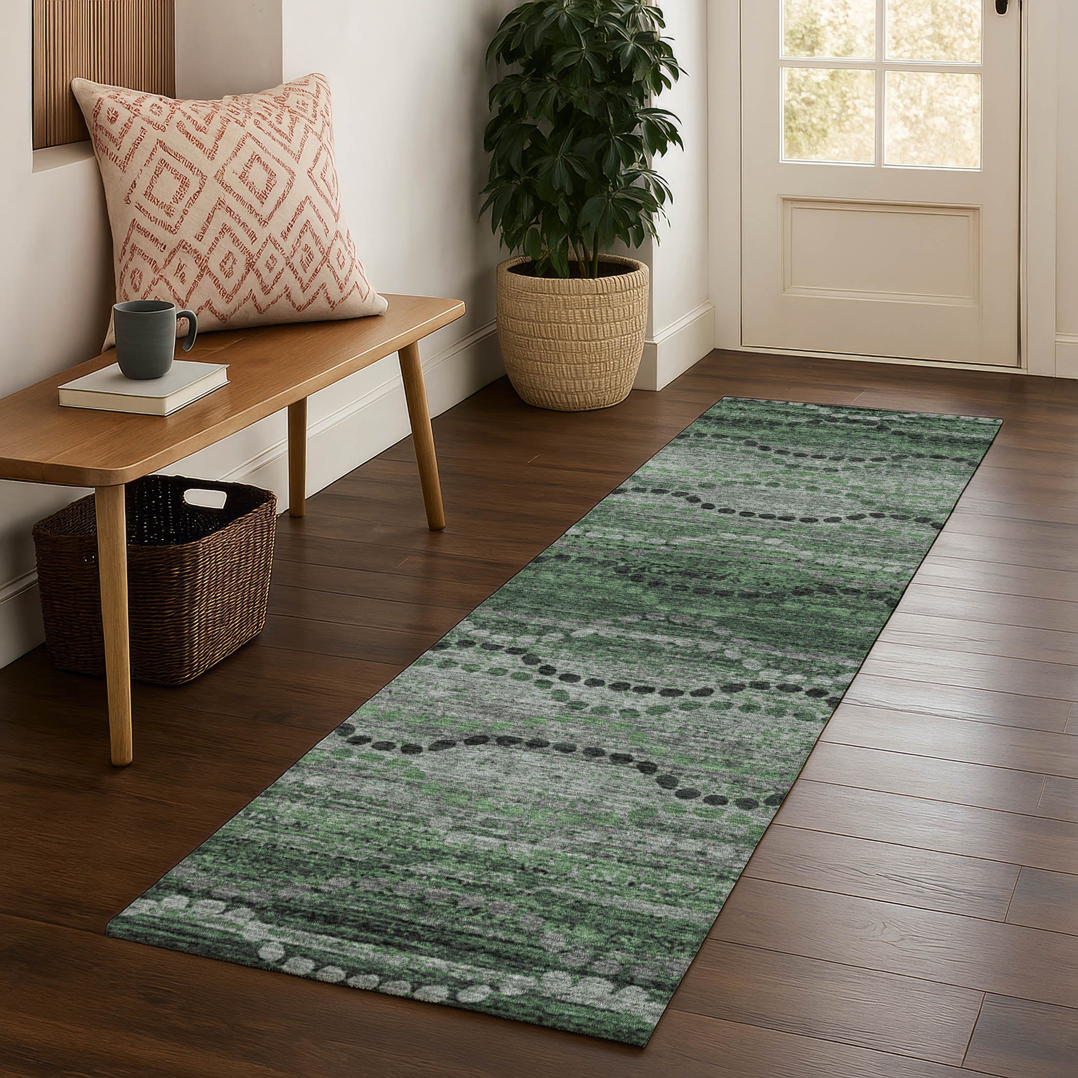 Athens Machine Washable Transitional Olive Green Rug 2'3" x 7'6" #shape_Runner