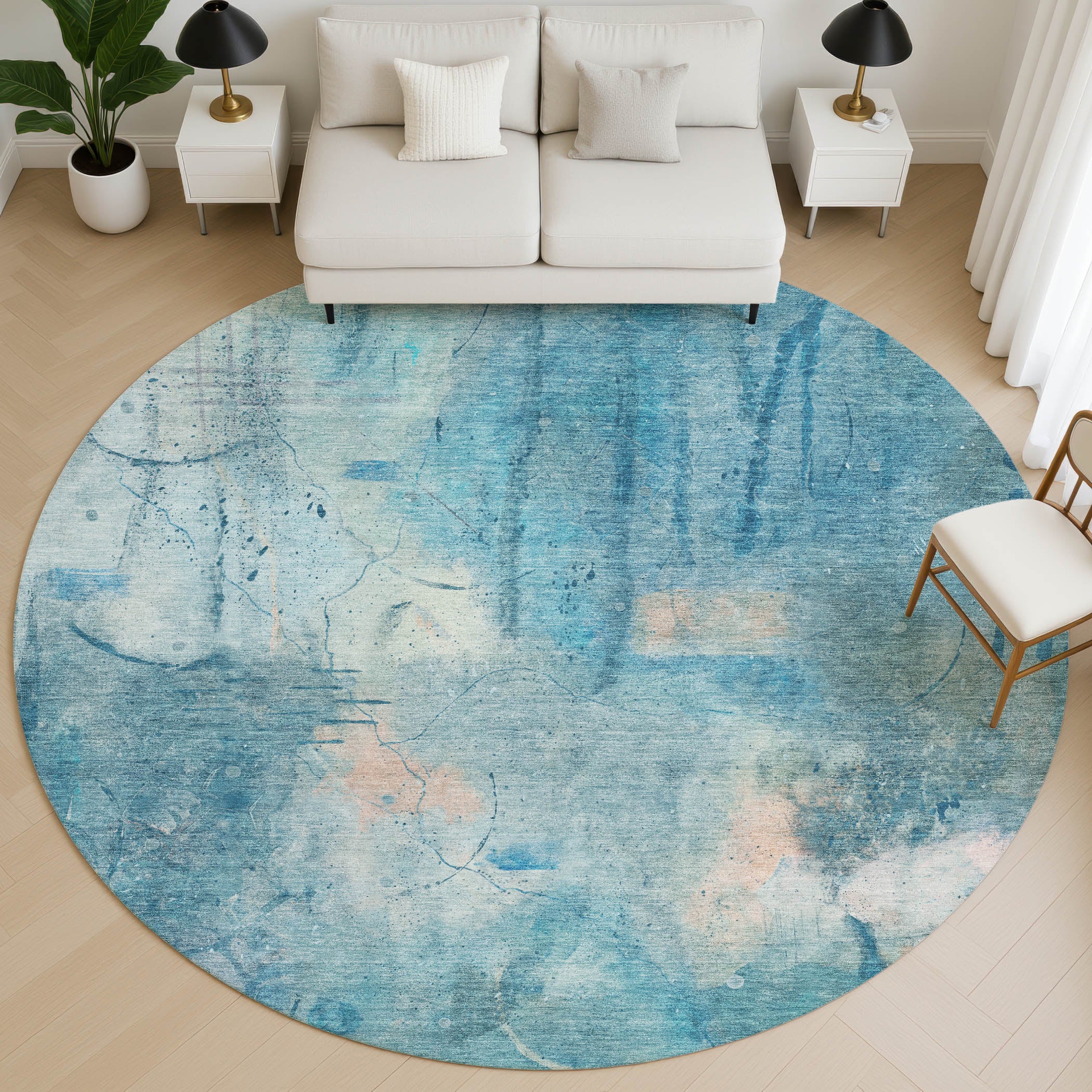 Cusco Machine Washable Transitional Blue Rug 8' x 8' #shape_Round