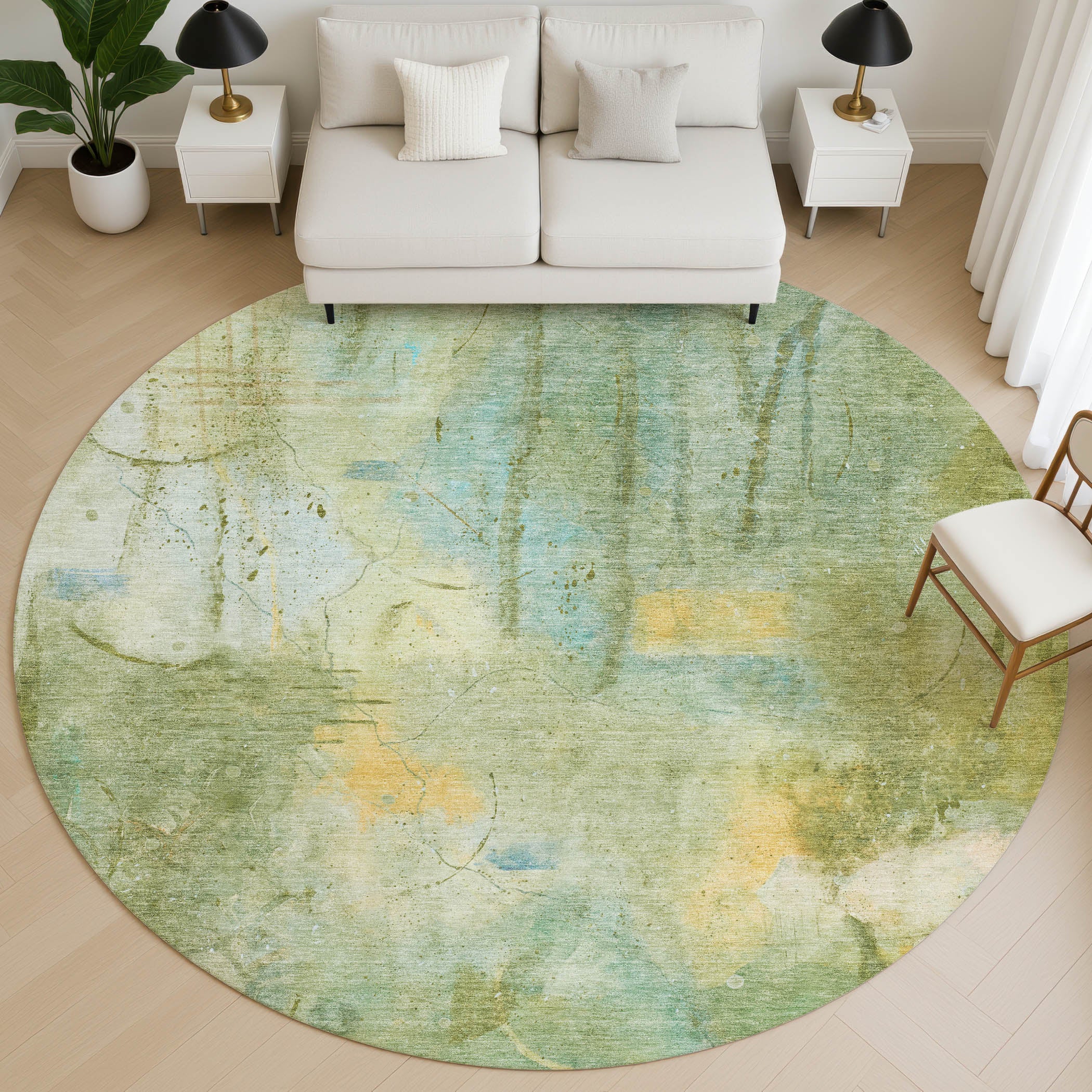 Cusco Machine Washable Transitional Sage Green Rug 8' x 8' #shape_Round