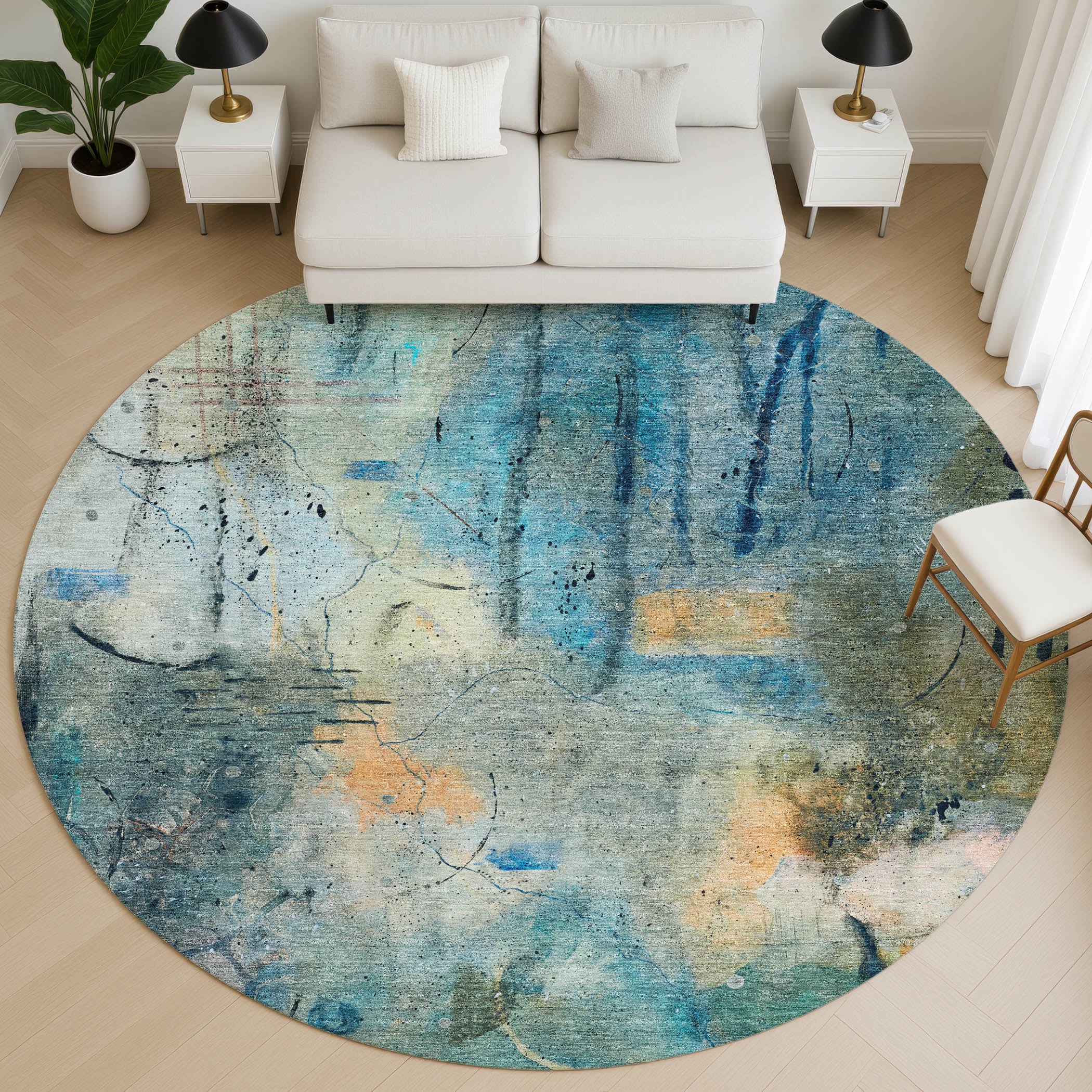 Cusco Machine Washable Transitional Teal Rug 8' x 8' #shape_Round