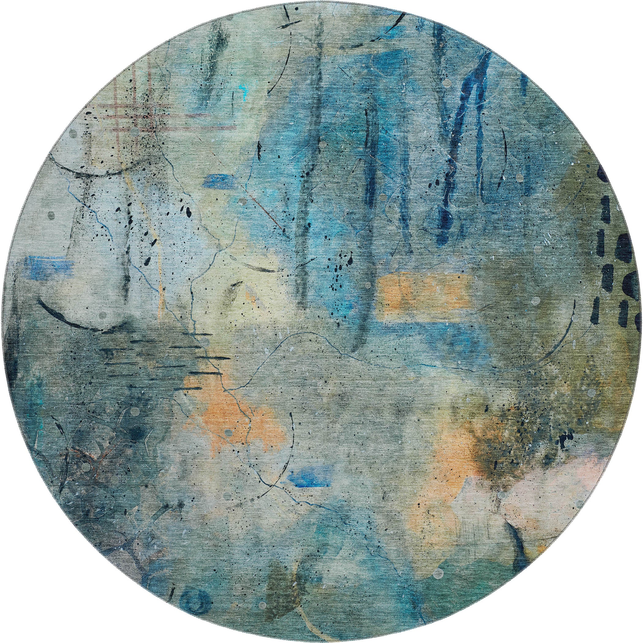 Cusco Machine Washable Transitional Teal Rug 8' x 8' #shape_Round