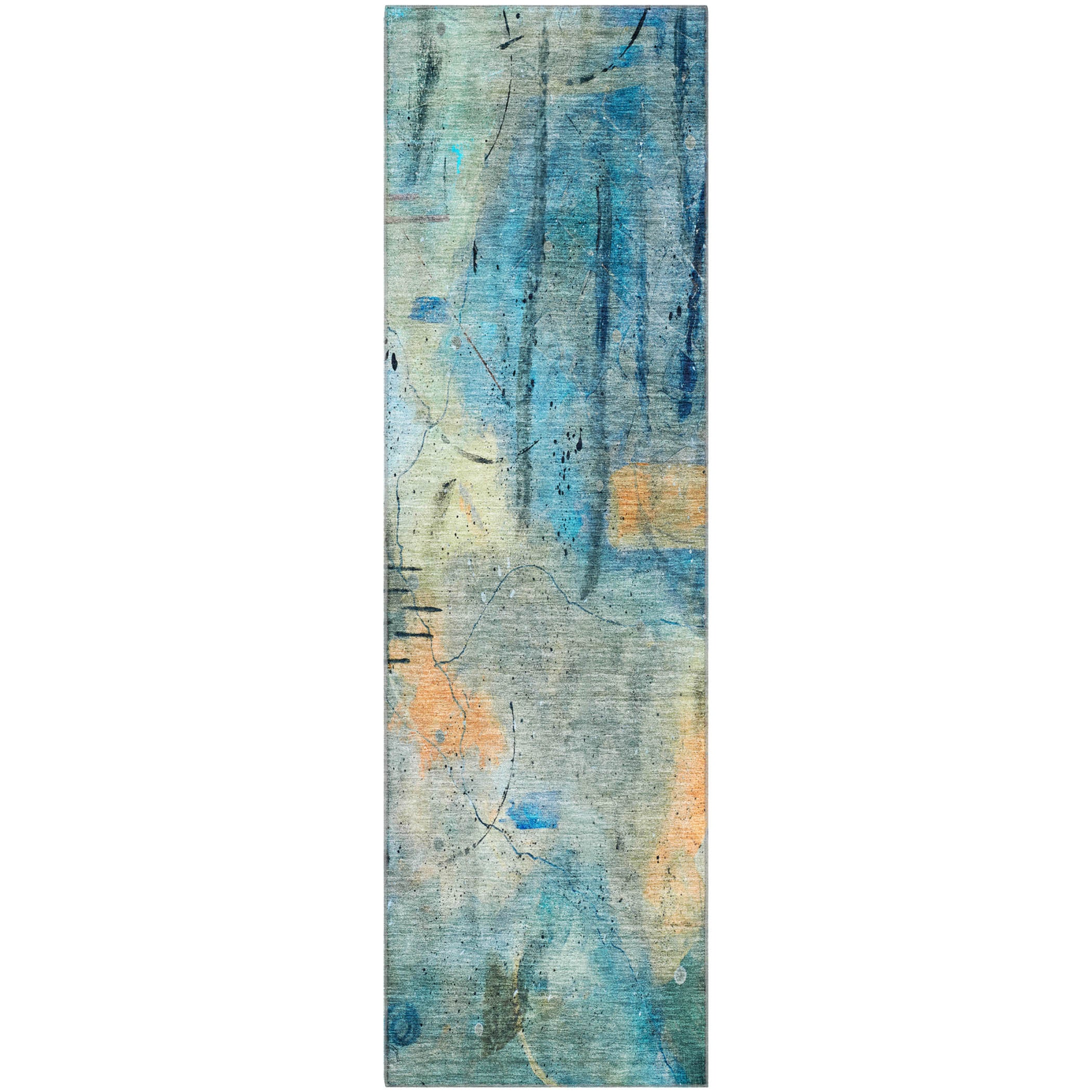 Cusco Machine Washable Transitional Teal Rug 2'3" x 7'6" #shape_Runner