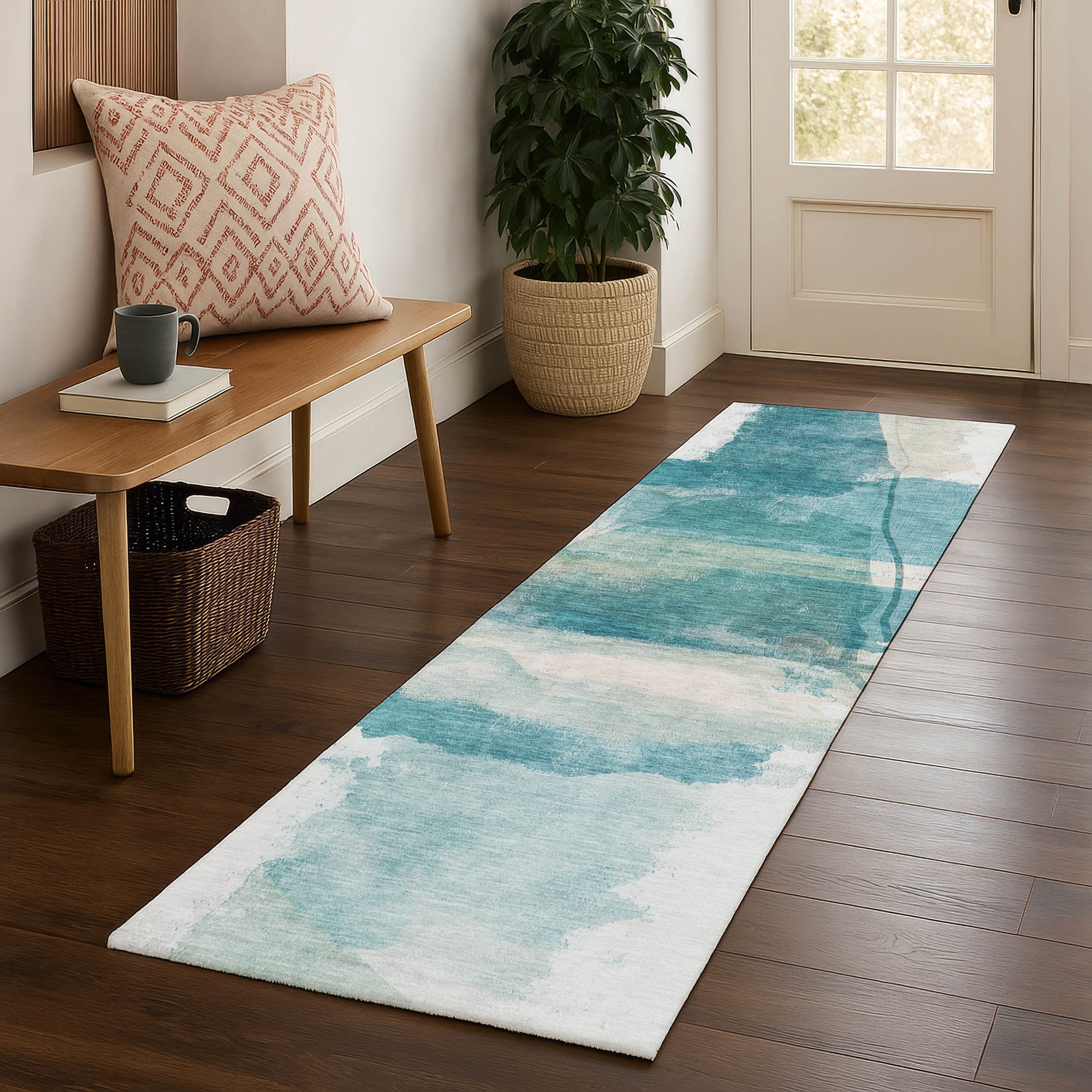 Sarajevo Machine Washable Transitional Teal Rug 2'3" x 7'6" #shape_Runner