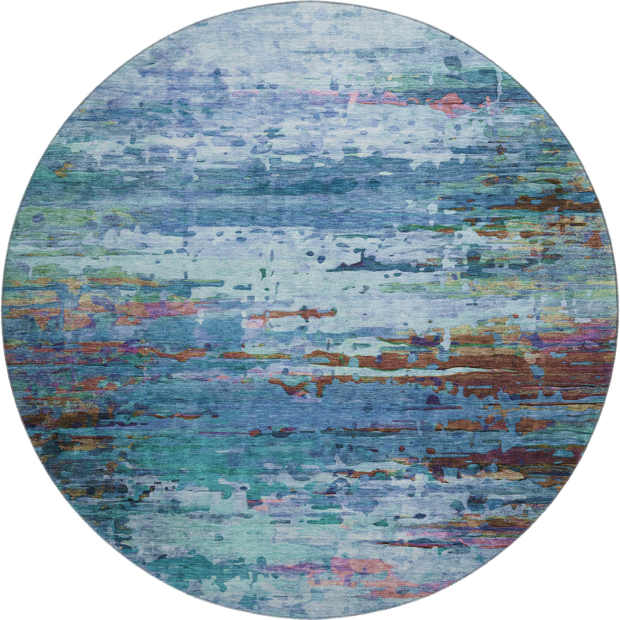 Oaxaca Machine Washable Transitional Blue Rug 8' x 8' #shape_Round