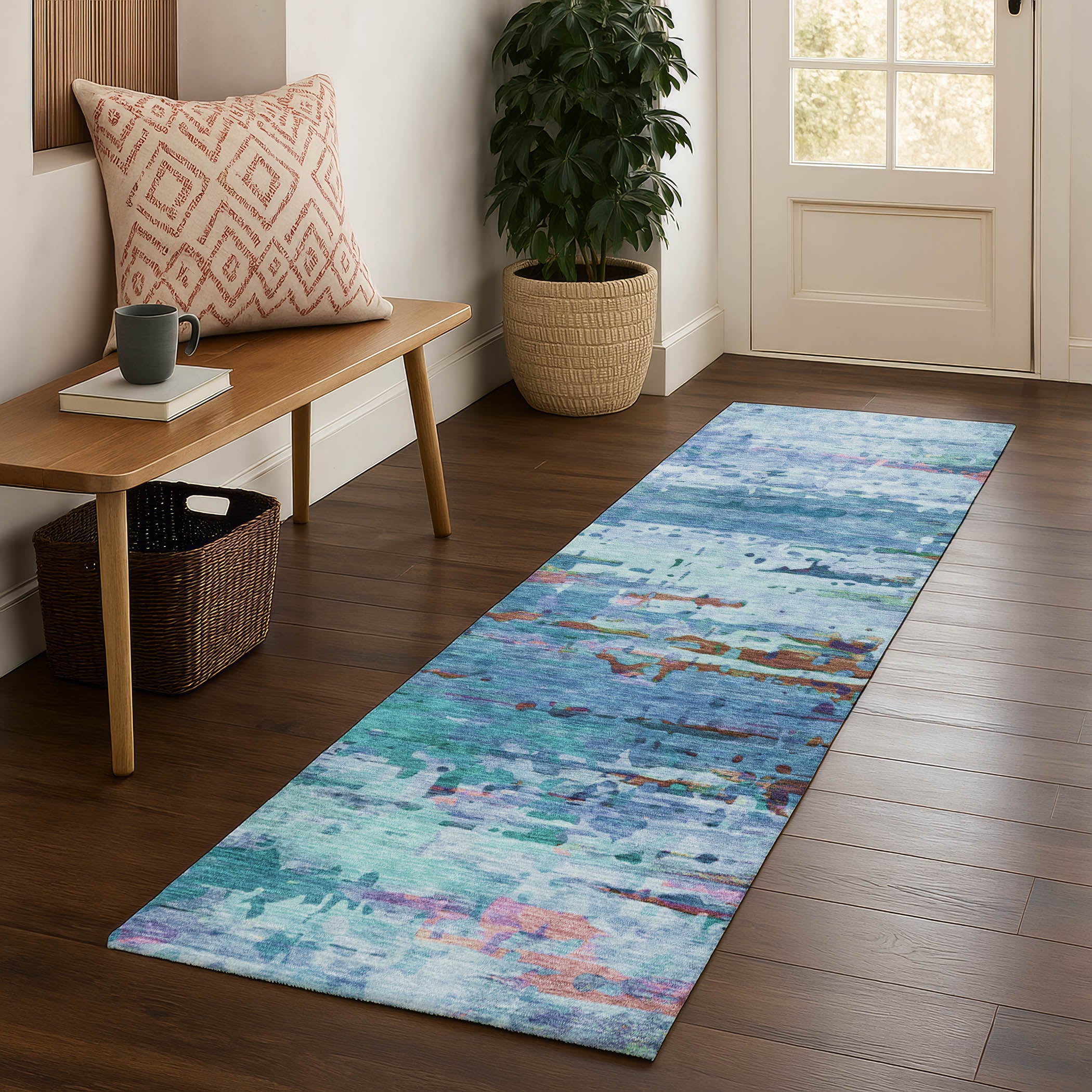 Oaxaca Machine Washable Transitional Blue Rug 2'3" x 7'6" #shape_Runner