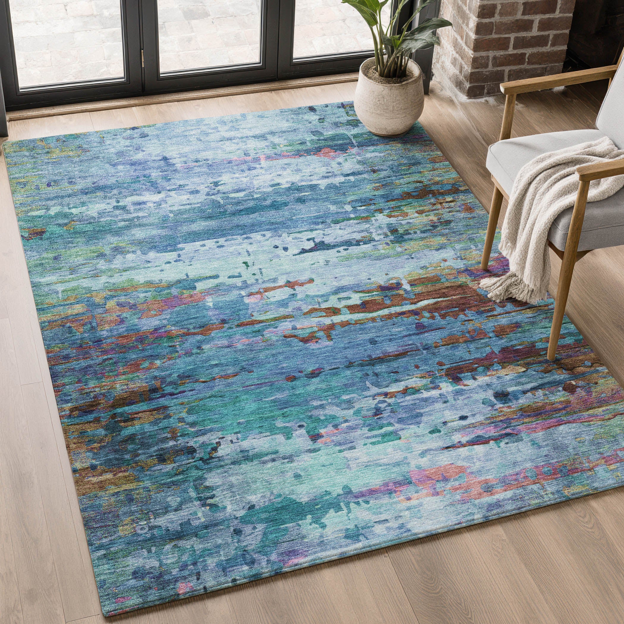 Oaxaca Machine Washable Transitional Blue Rug 2'6" x 3'10" #shape_Rectangle