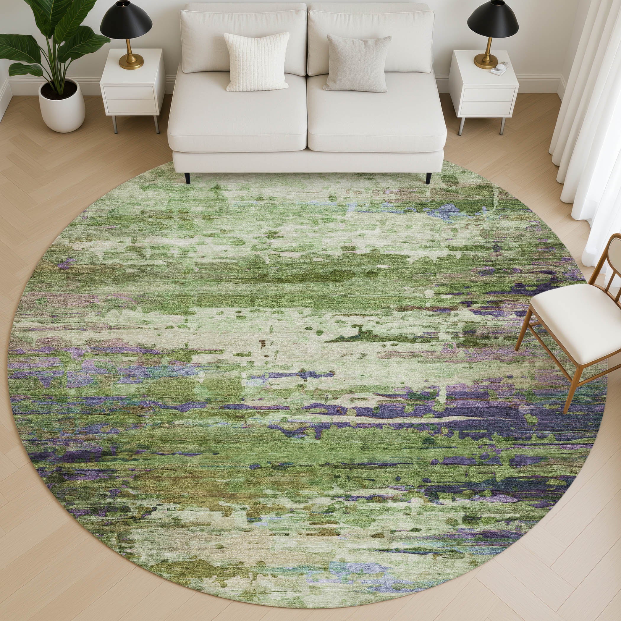 Oaxaca Machine Washable Transitional Green Rug 8' x 8' #shape_Round