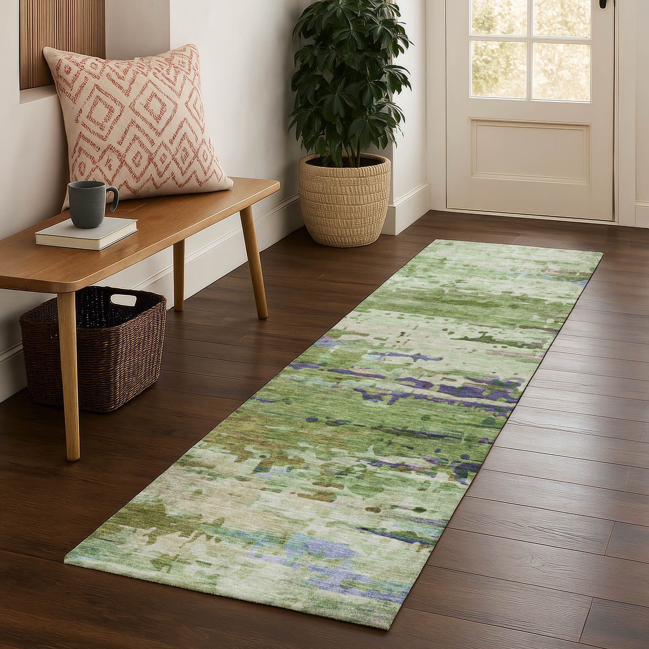 Oaxaca Machine Washable Transitional Green Rug 2'3" x 7'6" #shape_Runner