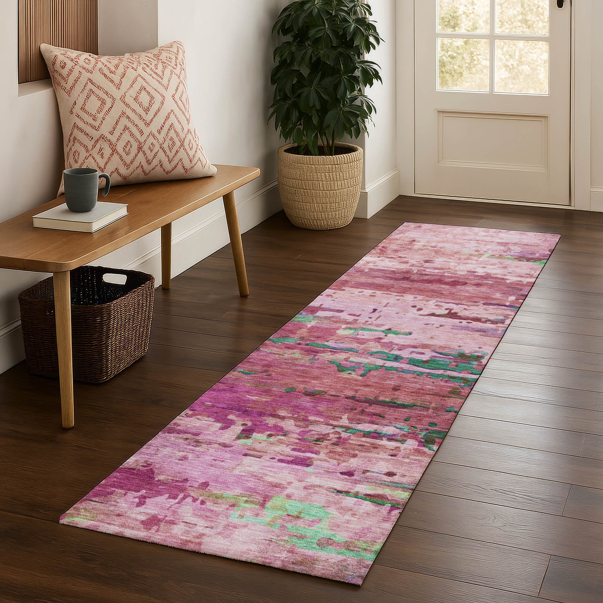 Oaxaca Machine Washable Transitional Pink Rug 2'3" x 7'6" #shape_Runner