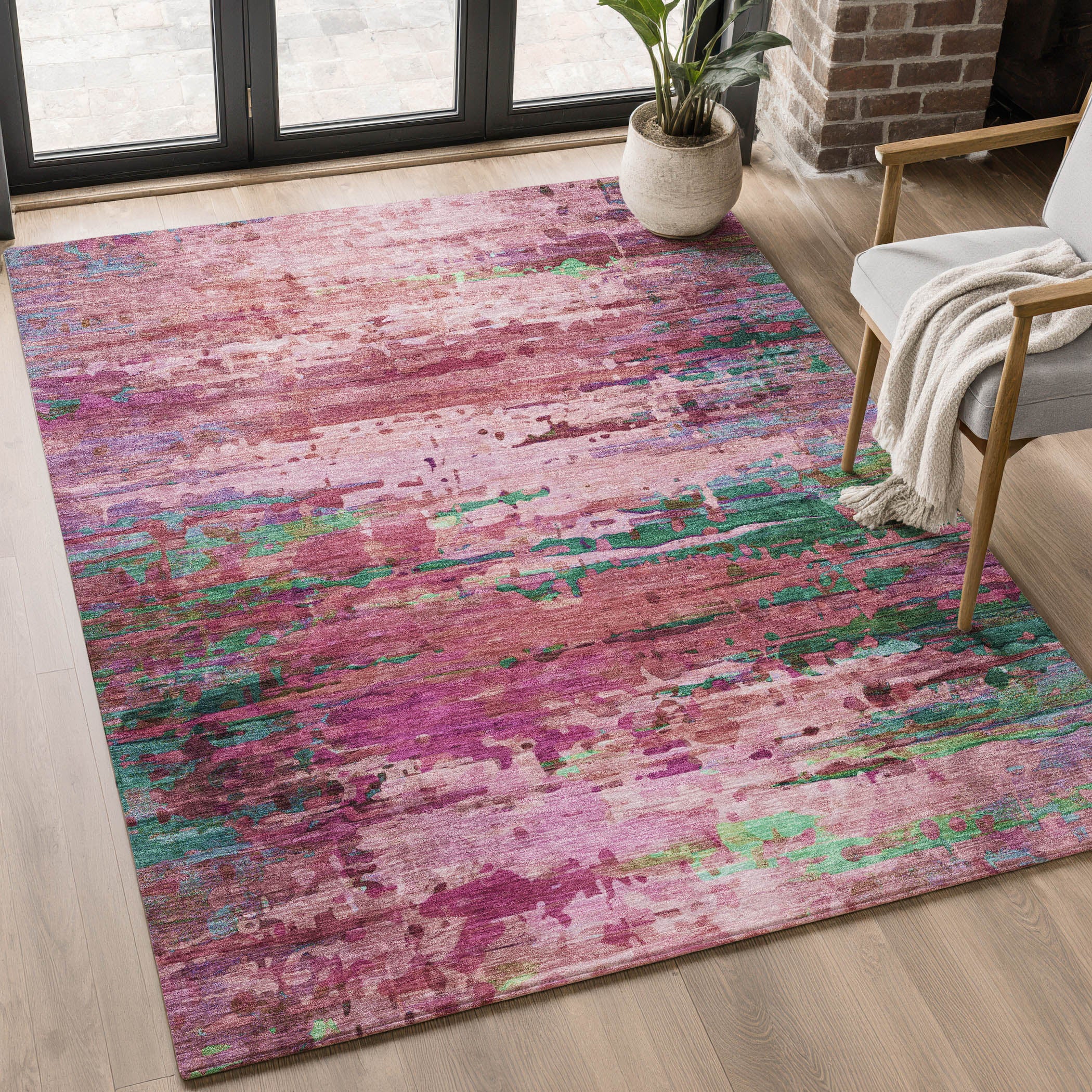 Oaxaca Machine Washable Transitional Pink Rug 2'6" x 3'10" #shape_Rectangle