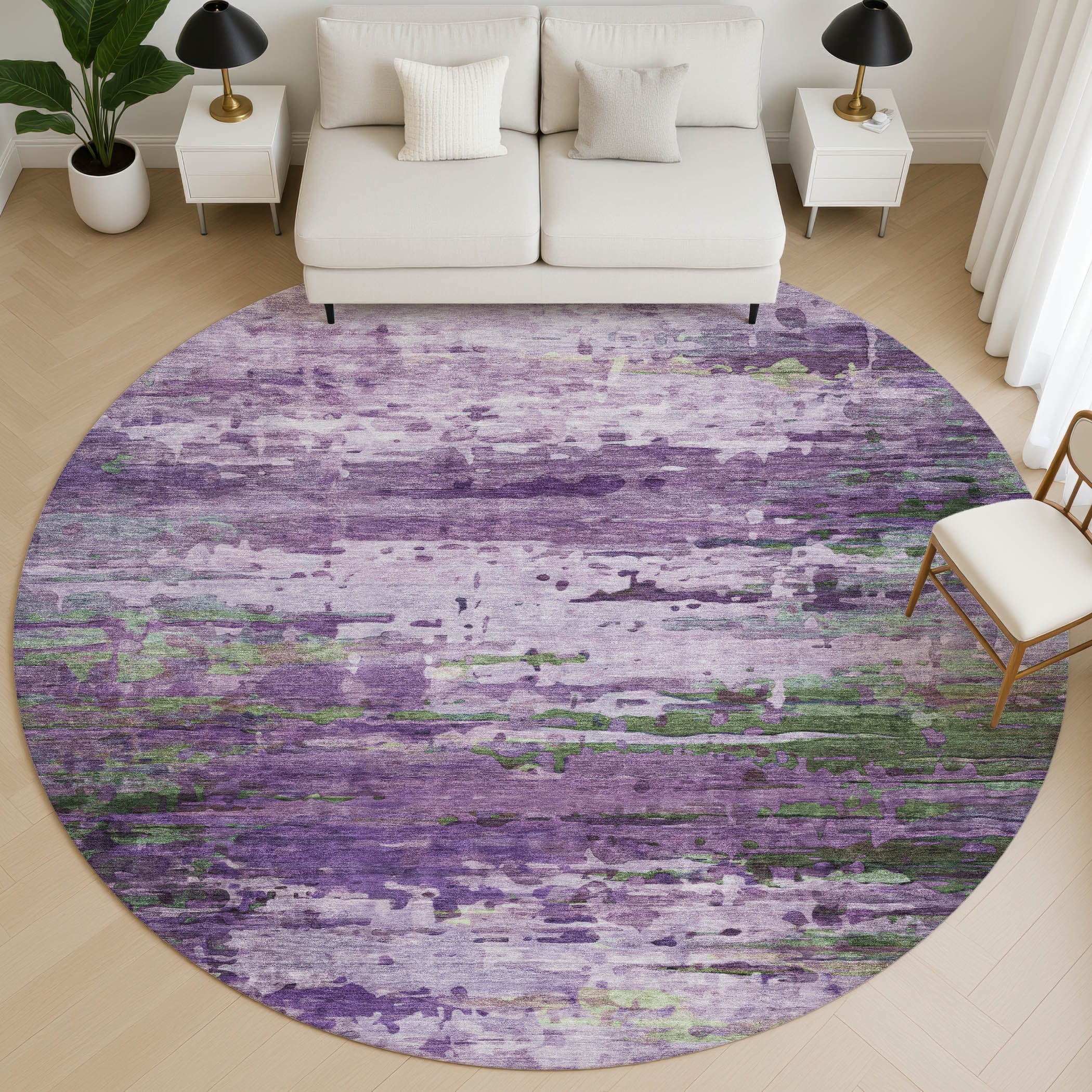 Oaxaca Machine Washable Transitional Purple Rug 8' x 8' #shape_Round