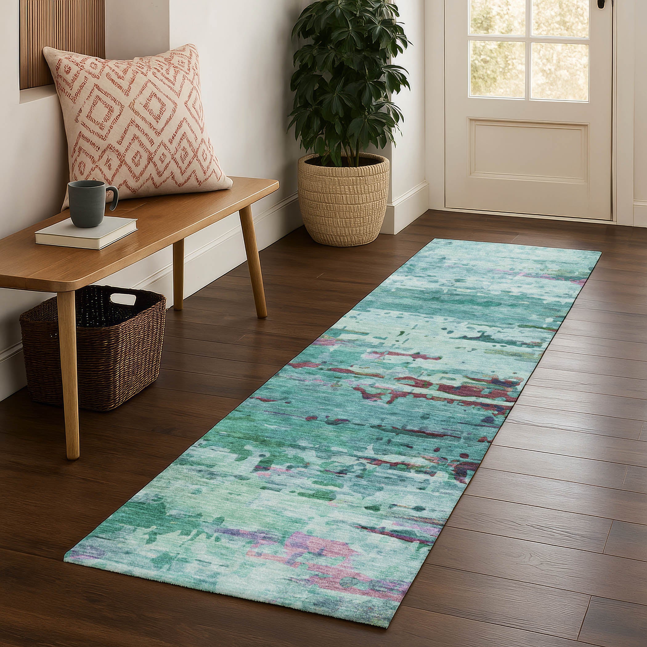 Oaxaca Machine Washable Transitional Teal Rug 2'3" x 7'6" #shape_Runner