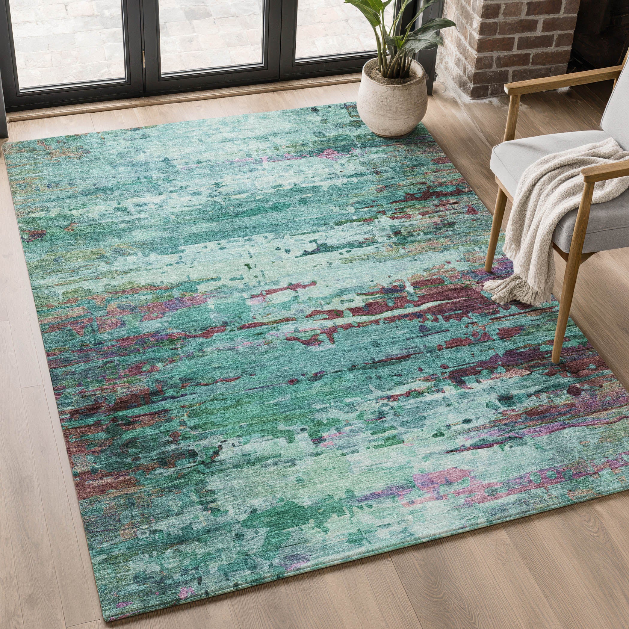 Oaxaca Machine Washable Transitional Teal Rug 2'6" x 3'10" #shape_Rectangle
