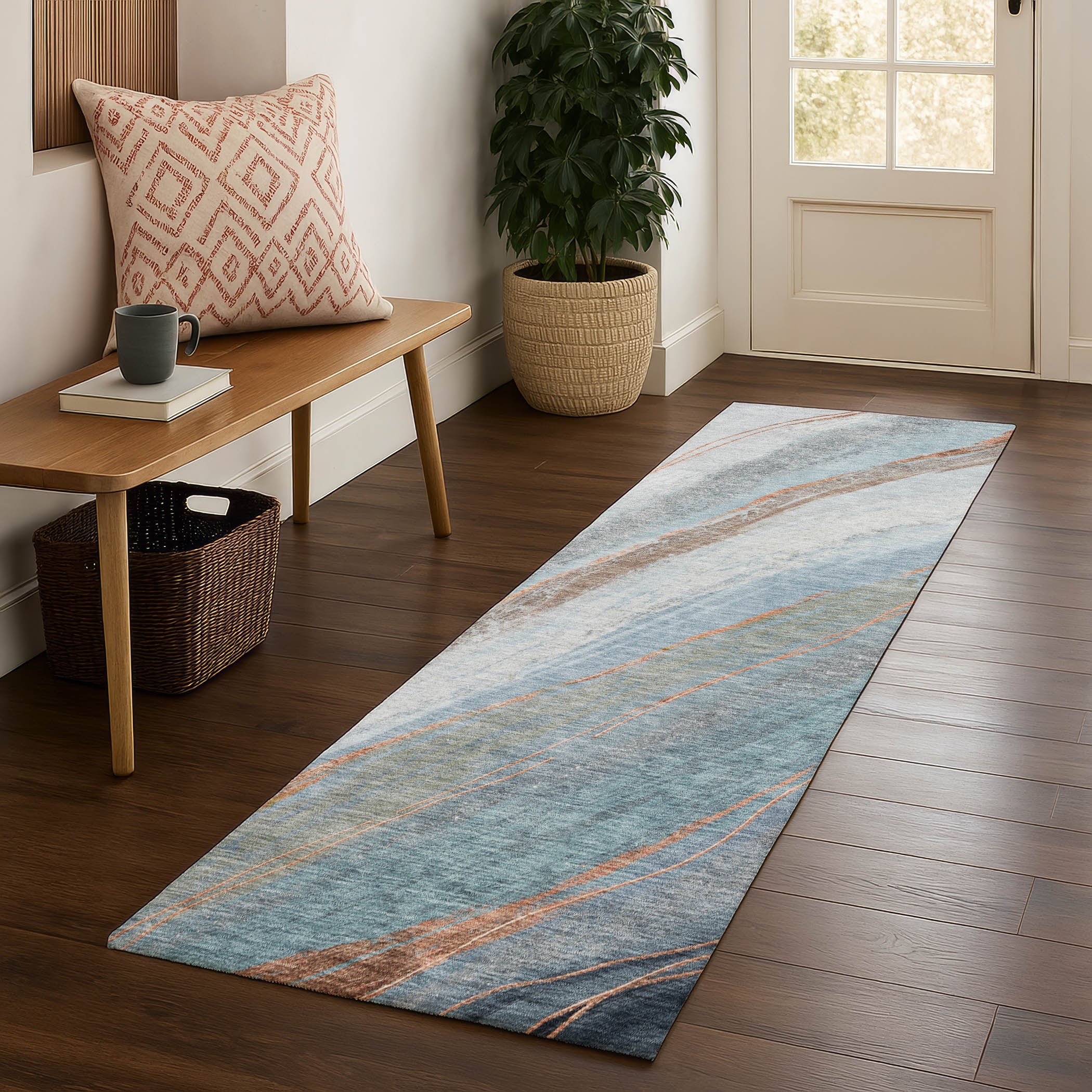 Kyoto Machine Washable Transitional Blue Rug 2'3" x 7'6" #shape_Runner