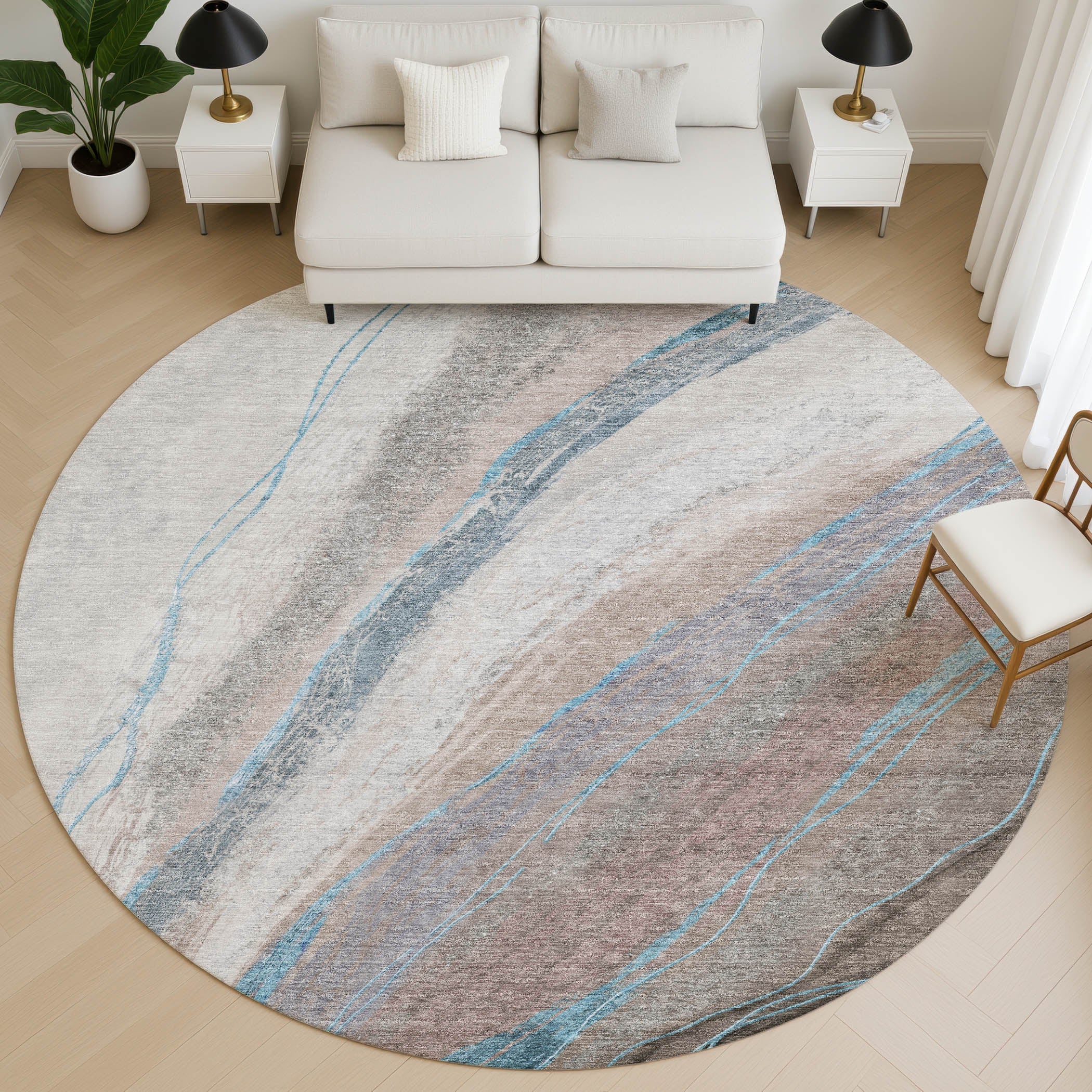Kyoto Machine Washable Transitional Brown Rug 8' x 8' #shape_Round