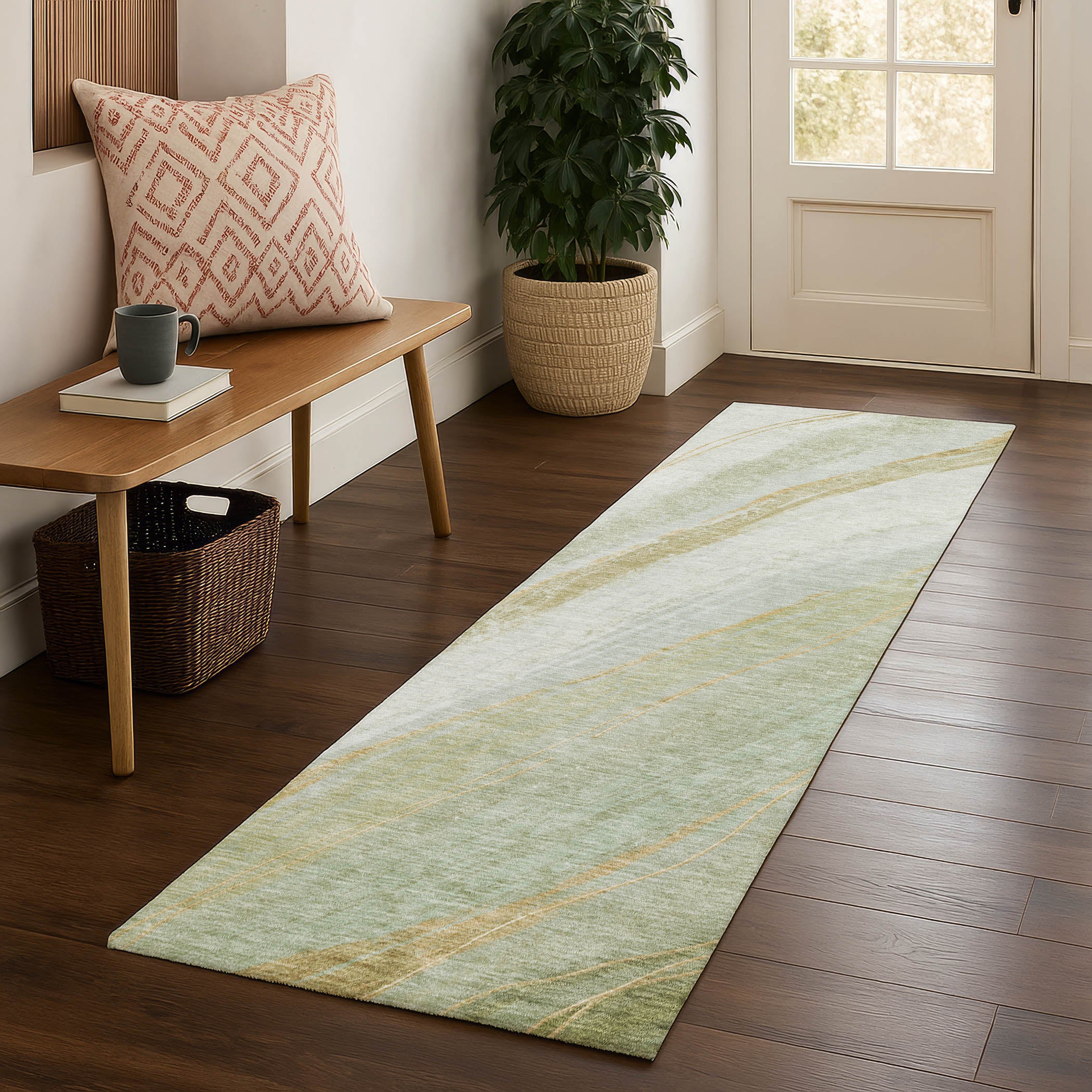 Kyoto Machine Washable Transitional Sage Green Rug 2'3" x 7'6" #shape_Runner