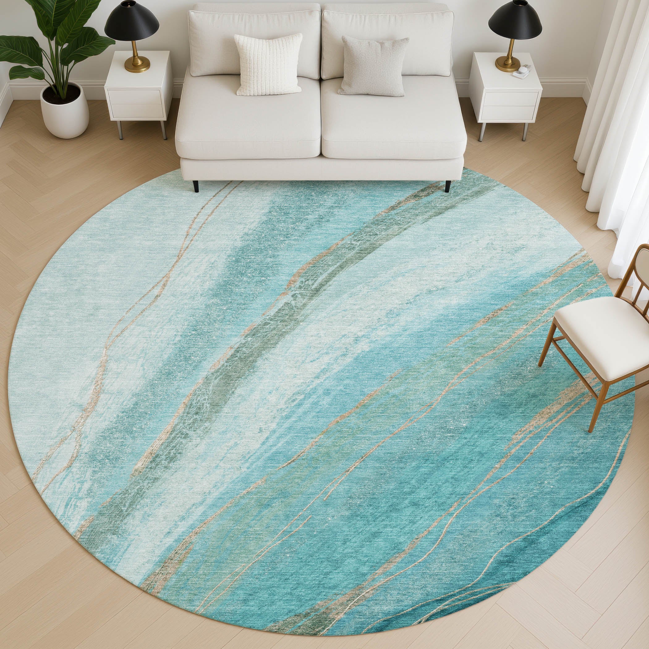 Kyoto Machine Washable Transitional Turquoise Teal Rug 8' x 8' #shape_Round