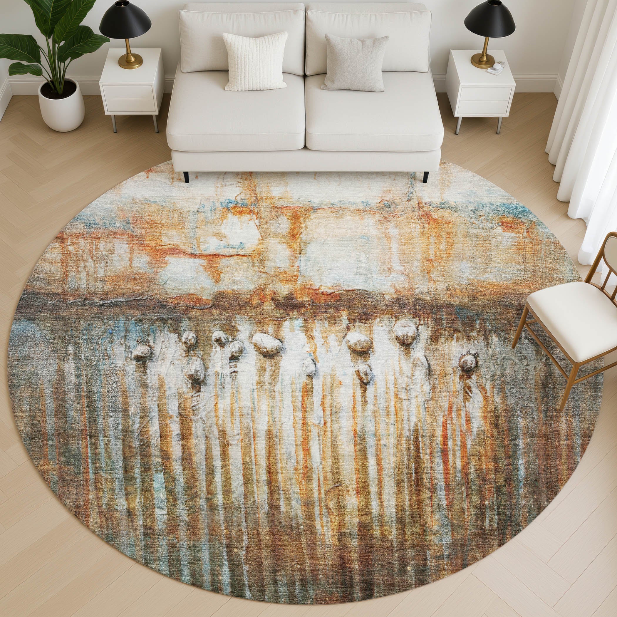 Luang Prabang Machine Washable Transitional Paprika Orange Rug 8' x 8' #shape_Round