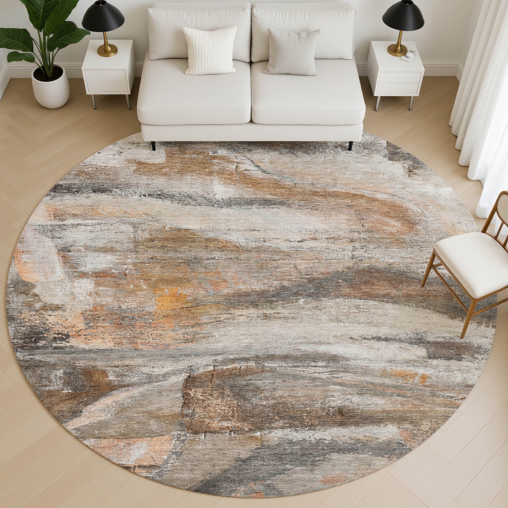 Lima Machine Washable Transitional Brown Rug 8' x 8' #shape_Round