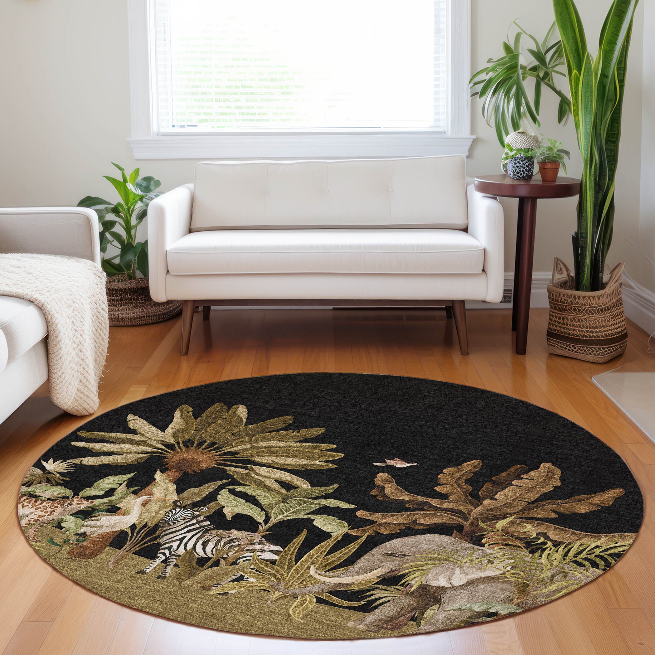Sarajevo Machine Washable Tropical Midnight Black Rug 8' x 8' #shape_Round