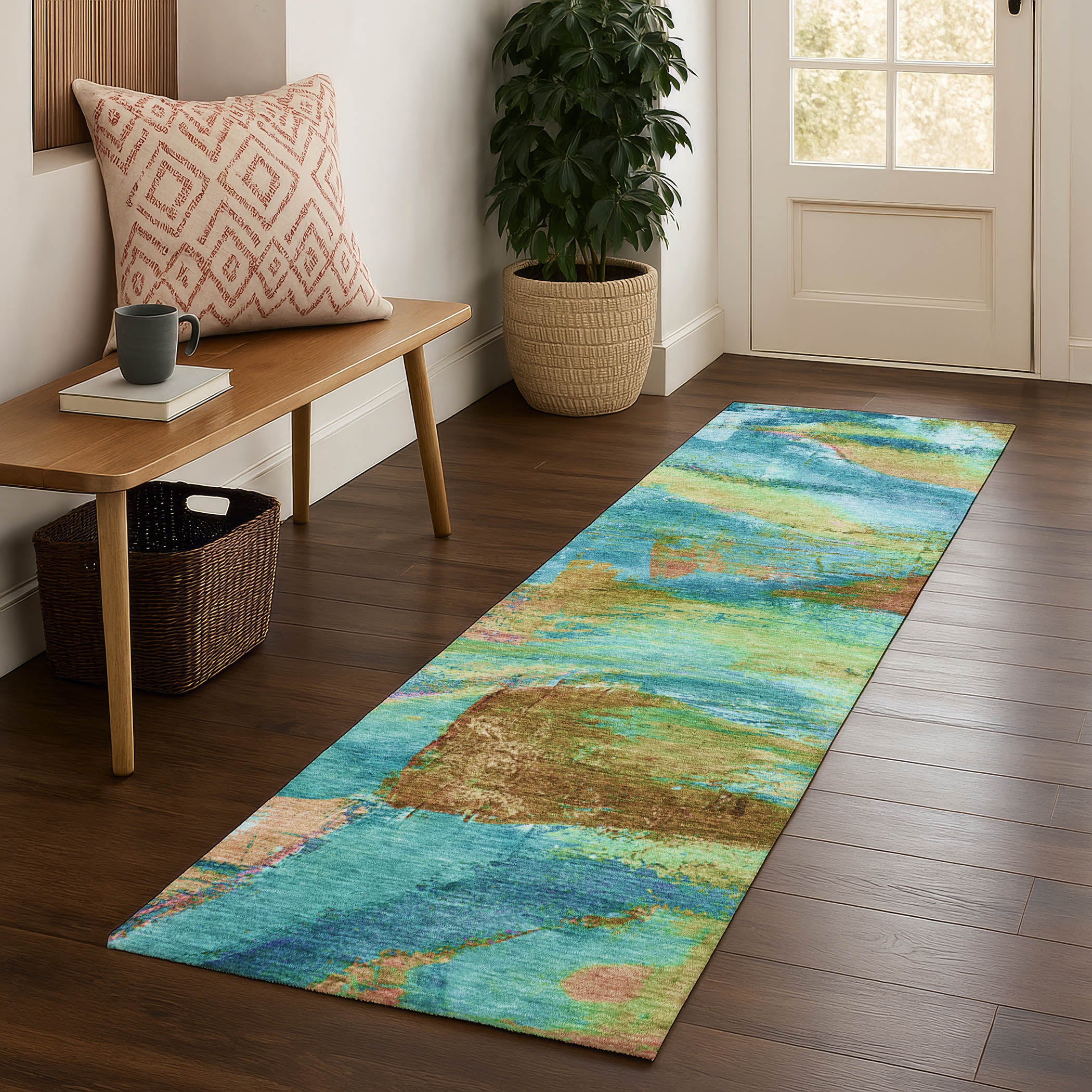 Cartagena Machine Washable Transitional Teal Rug 2'3" x 7'6" #shape_Runner
