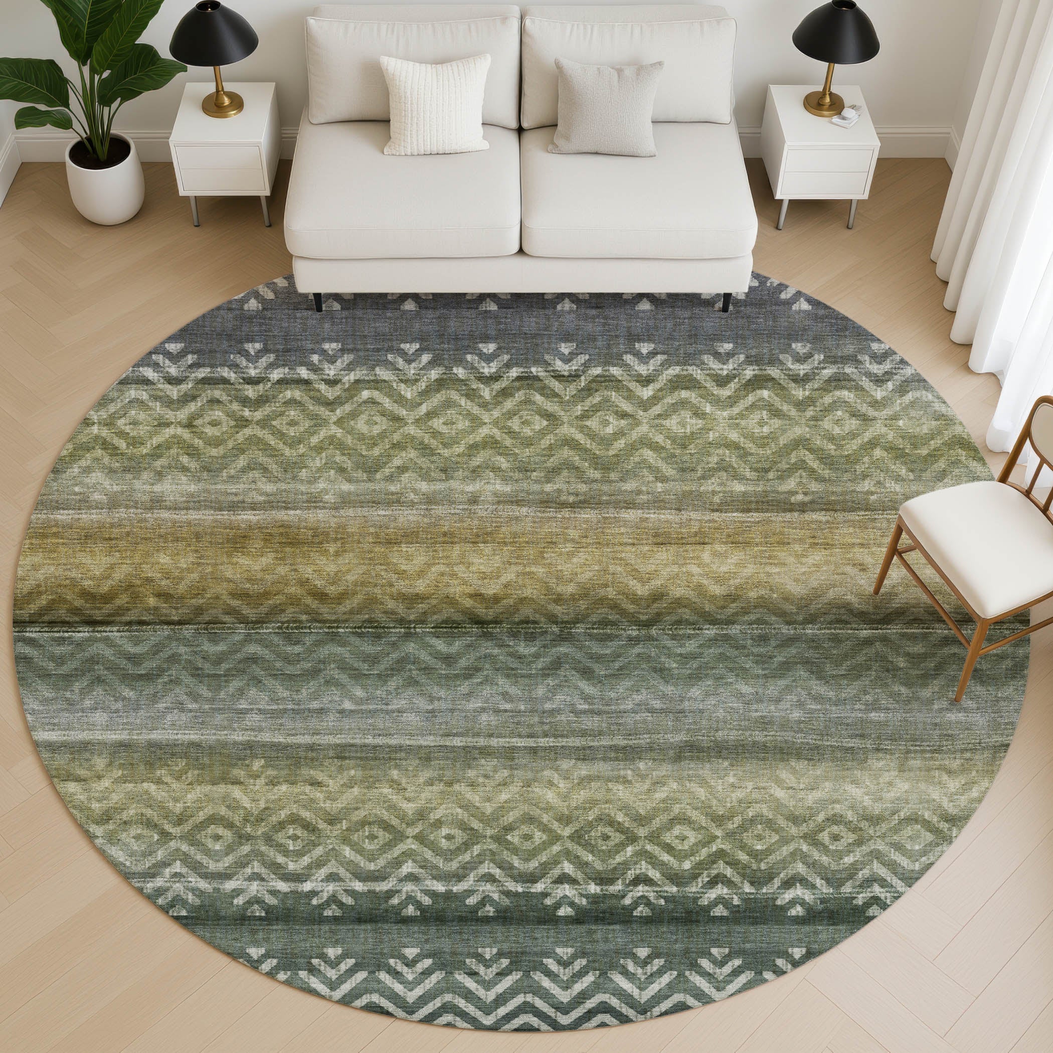 Queenstown Machine Washable Transitional Green Rug 8' x 8' #shape_Round