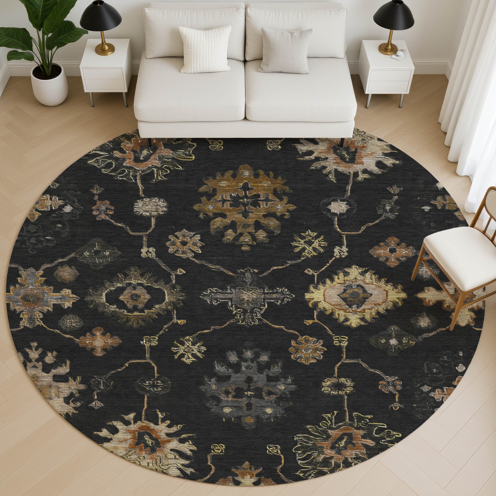 Ghent Machine Washable Traditional Black Rug 8' x 8' #shape_Round