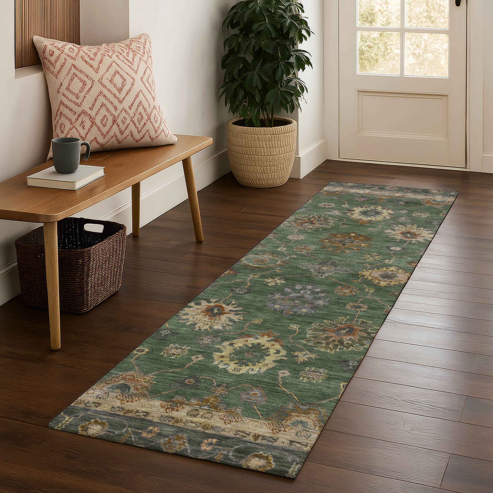 Ghent Machine Washable Traditional Fern Green Rug 2'3" x 7'6" #shape_Runner