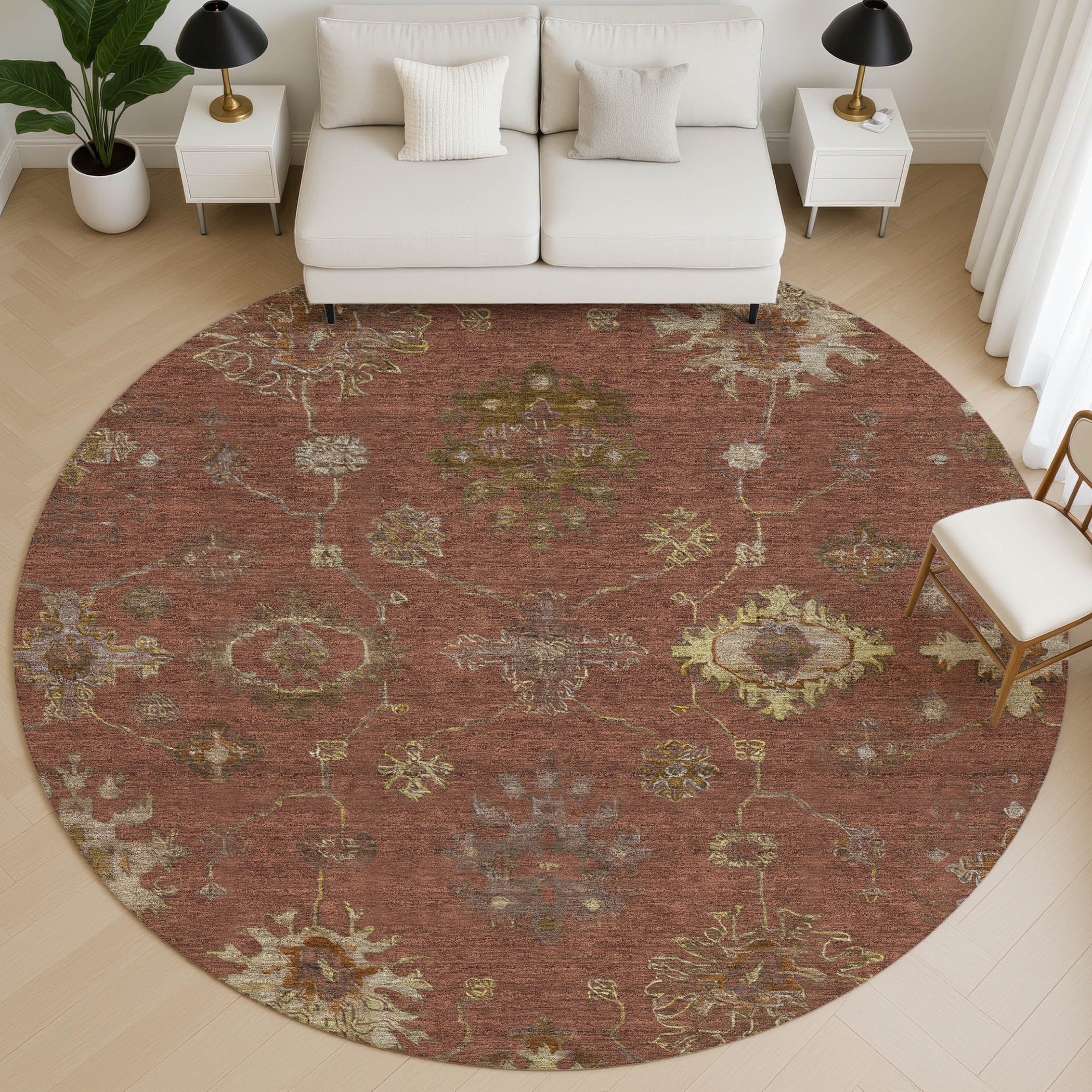 Ghent Machine Washable Traditional Paprika Orange Rug 8' x 8' #shape_Round