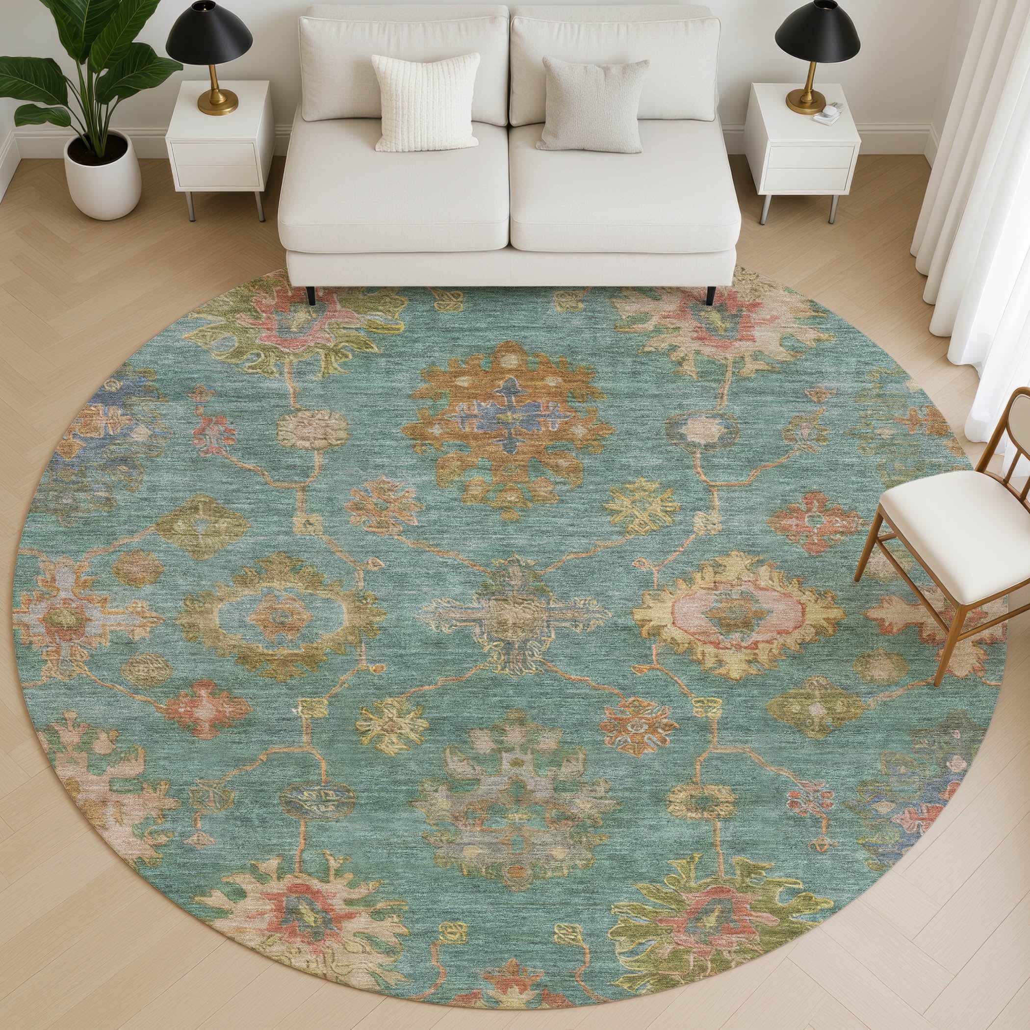 Ghent Machine Washable Traditional Teal Rug 8' x 8' #shape_Round