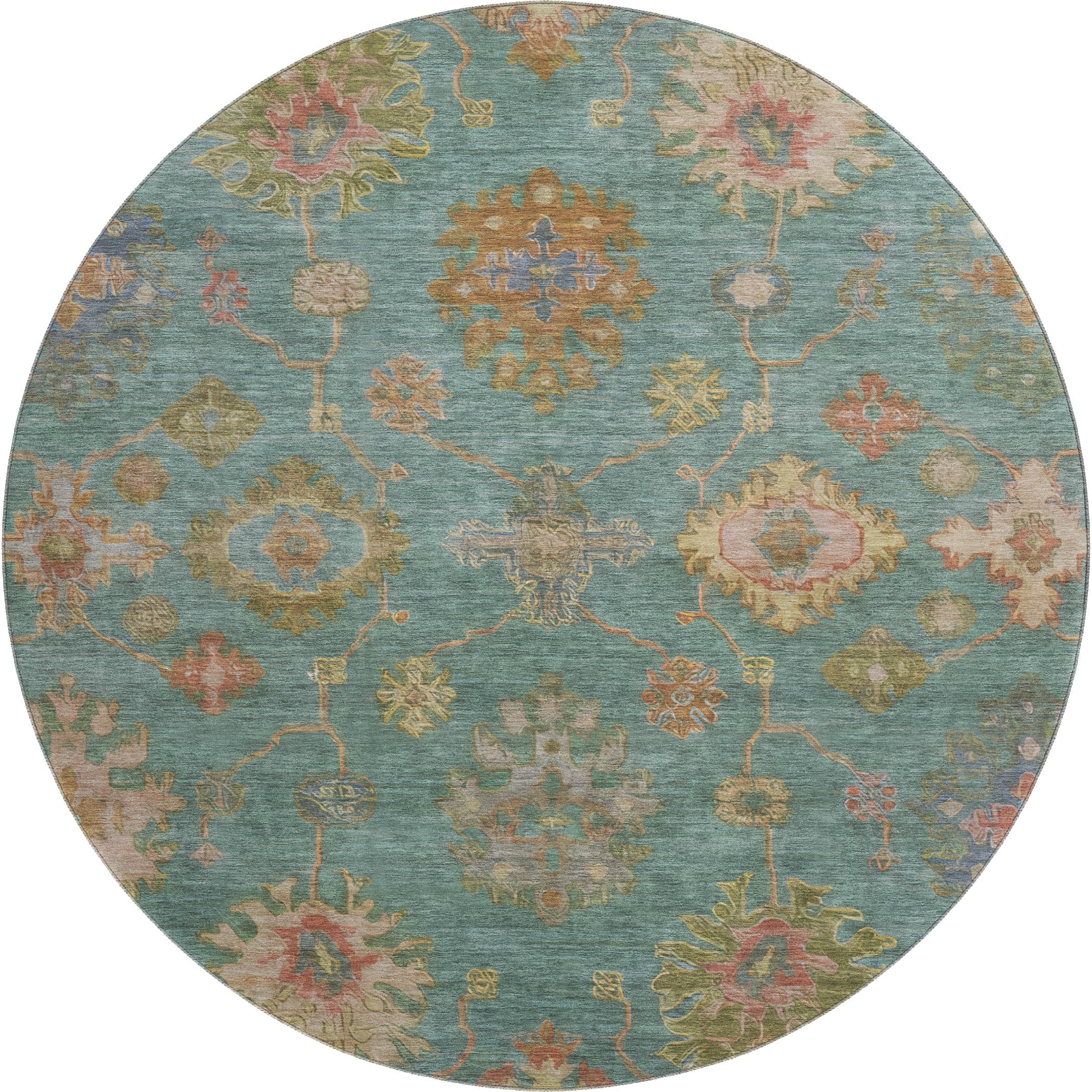 Ghent Machine Washable Traditional Teal Rug 8' x 8' #shape_Round