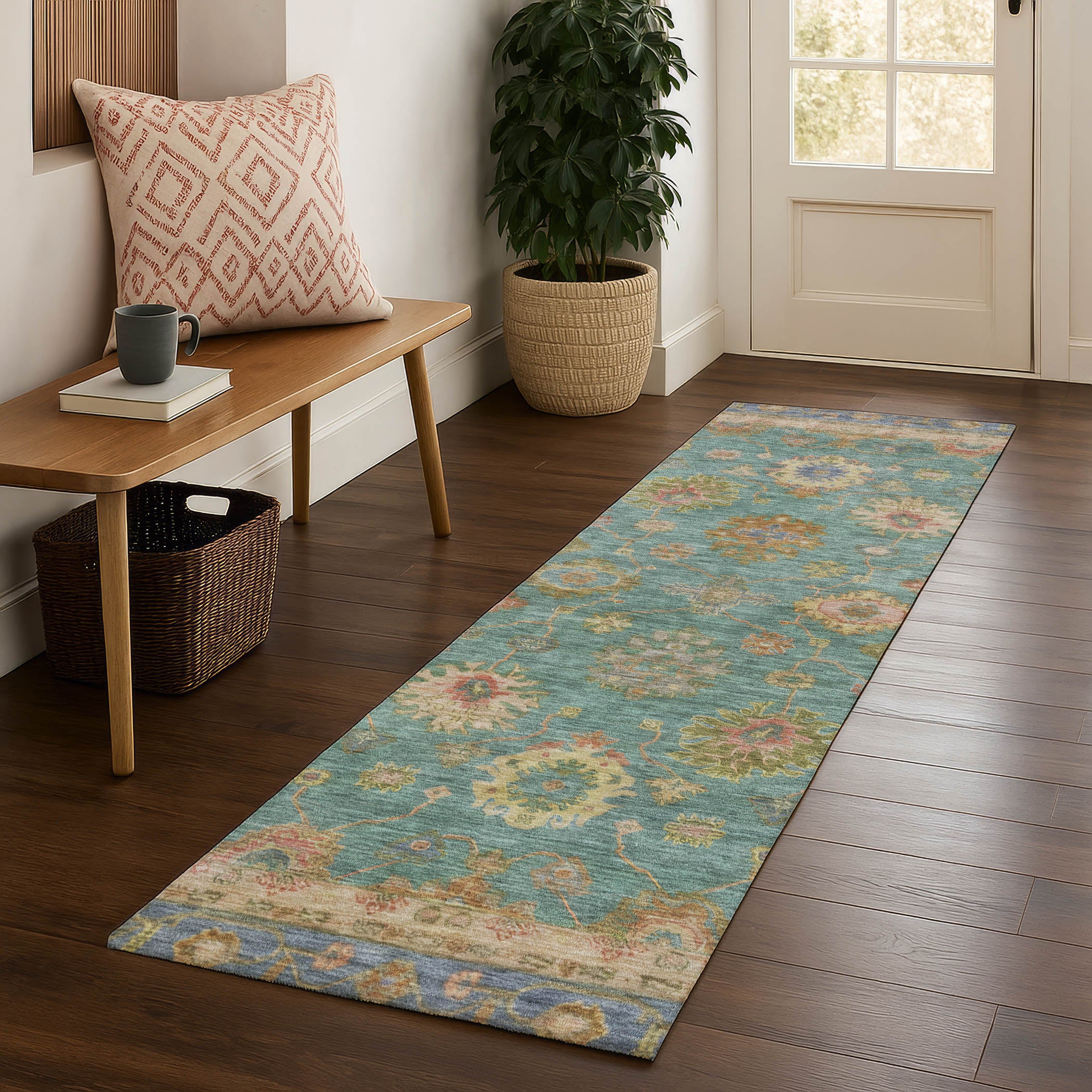 Ghent Machine Washable Traditional Teal Rug 2'3" x 7'6" #shape_Runner