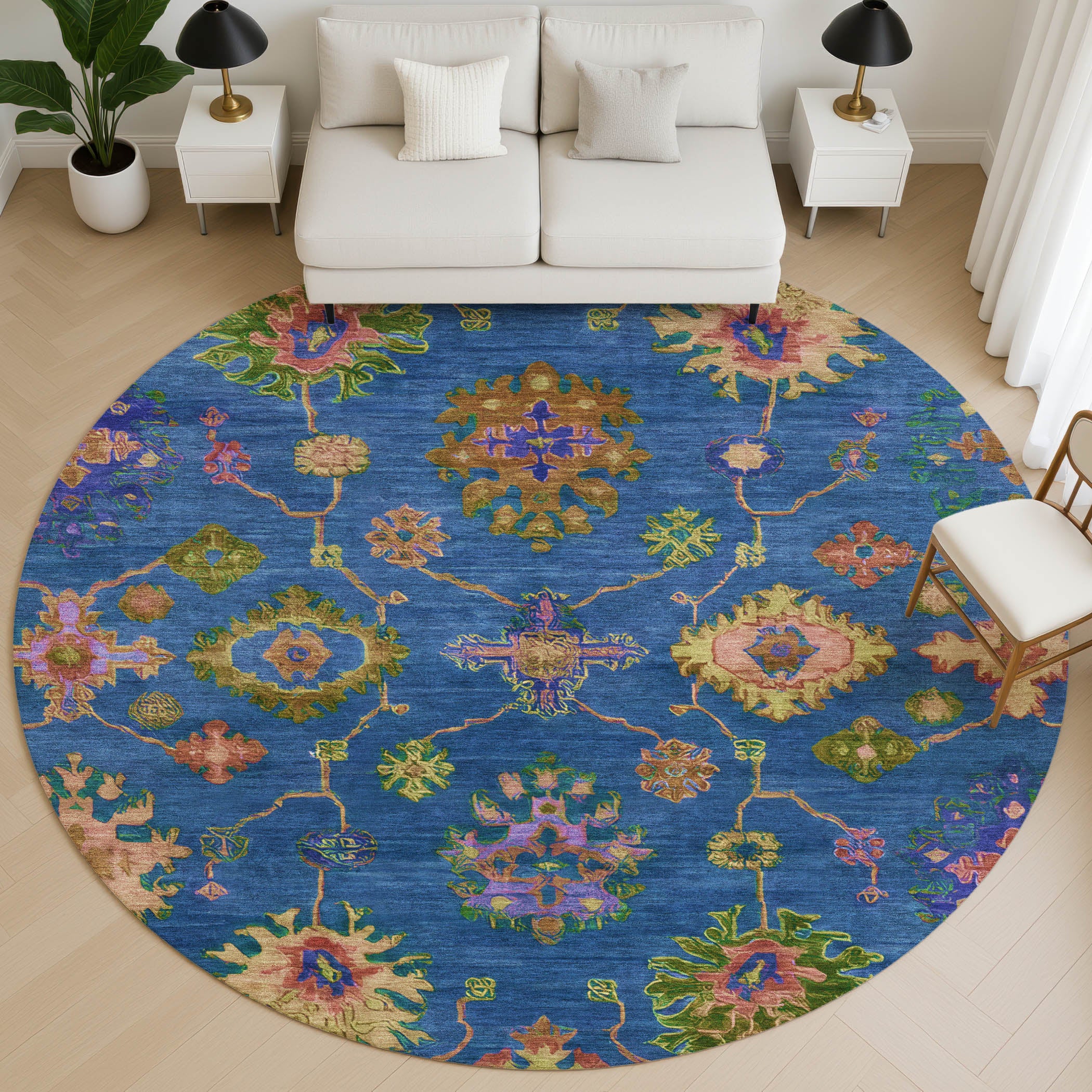Prague Machine Washable Traditional Blue Rug 8' x 8' #shape_Round