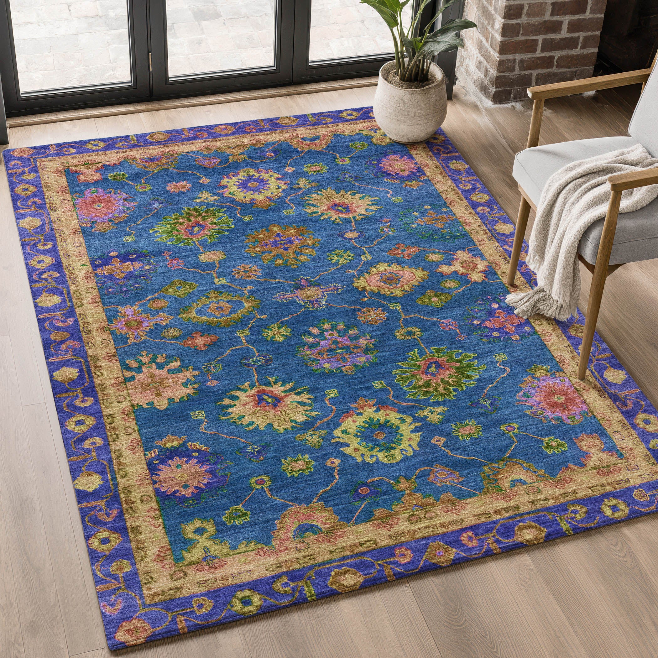 Prague Machine Washable Traditional Blue Rug 2'6" x 3'10" #shape_Rectangle