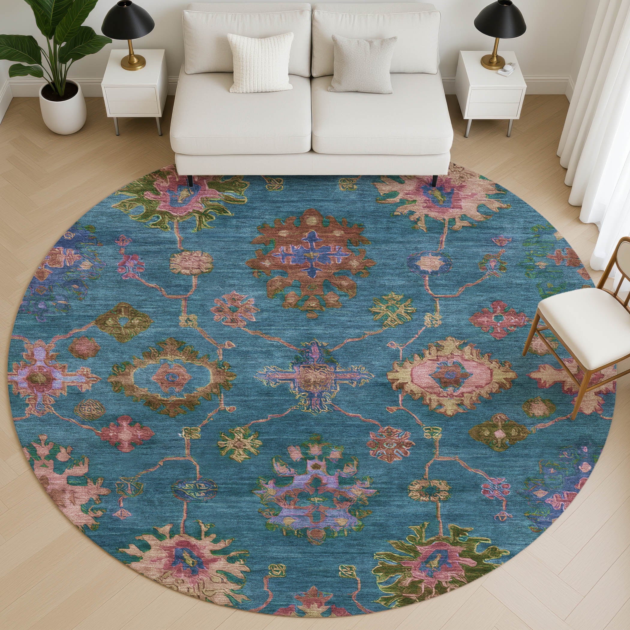 Prague Machine Washable Traditional Teal Rug 8' x 8' #shape_Round