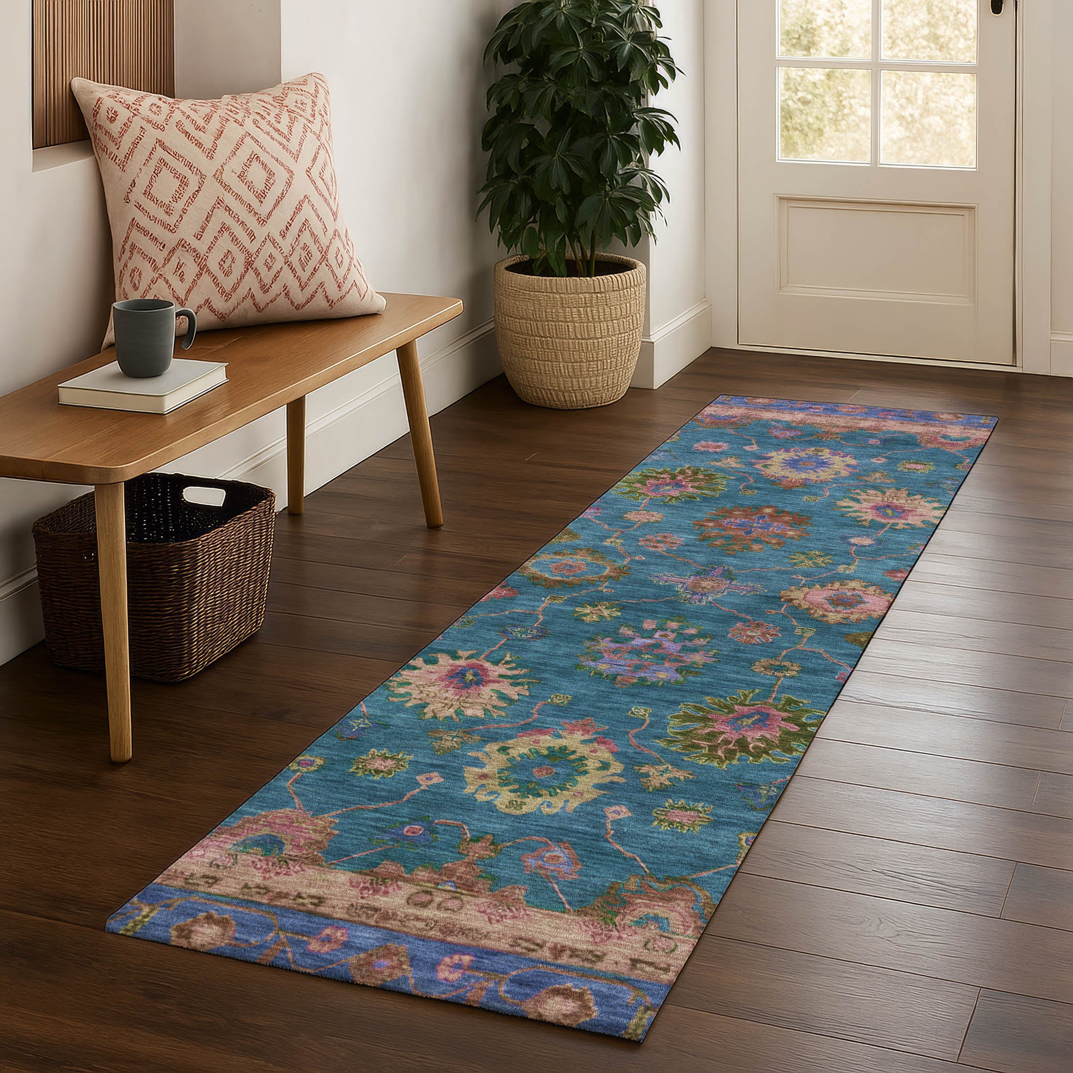 Prague Machine Washable Traditional Teal Rug 2'3" x 7'6" #shape_Runner