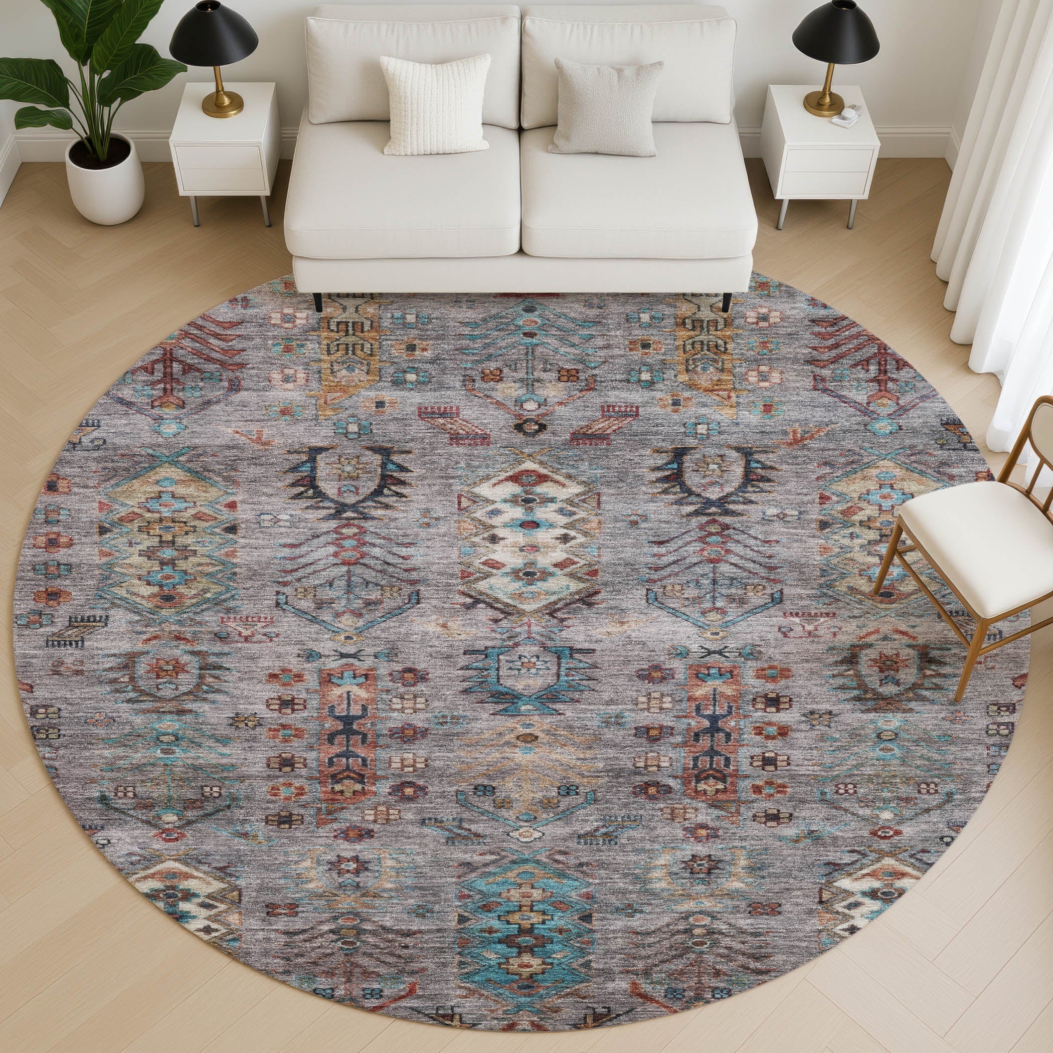 Havana Machine Washable Traditional Gray Rug 8' x 8' #shape_Round