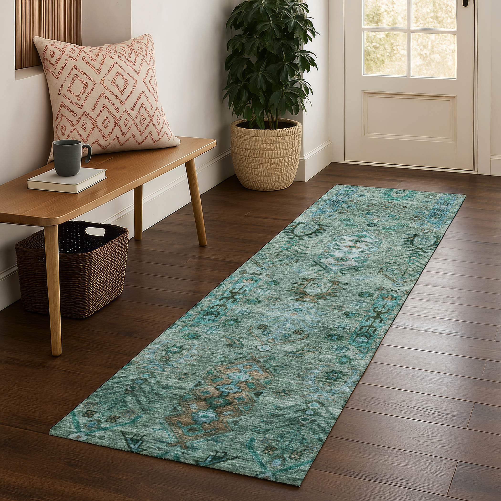 Havana Machine Washable Traditional Green Rug 2'3" x 7'6" #shape_Runner