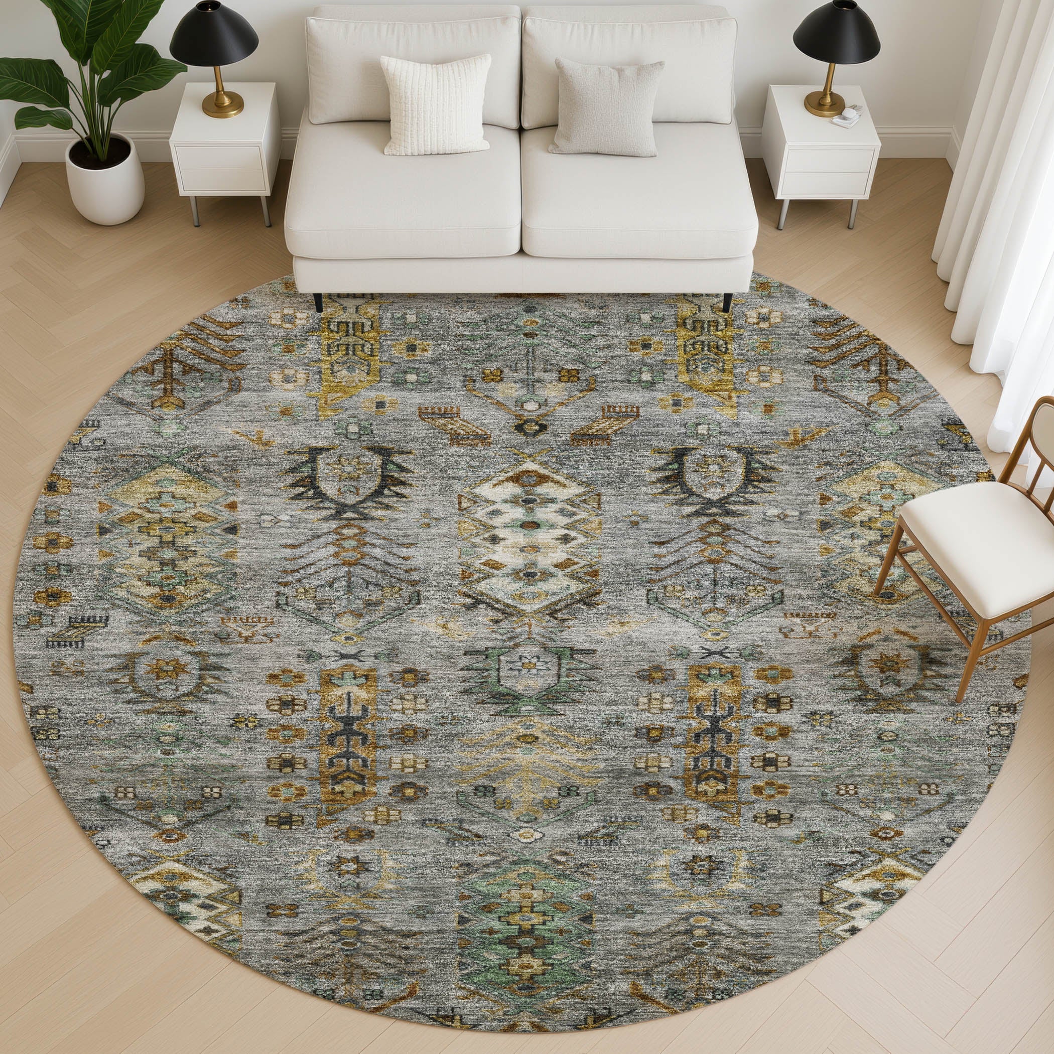 Havana Machine Washable Traditional Pewter Gray Rug 8' x 8' #shape_Round